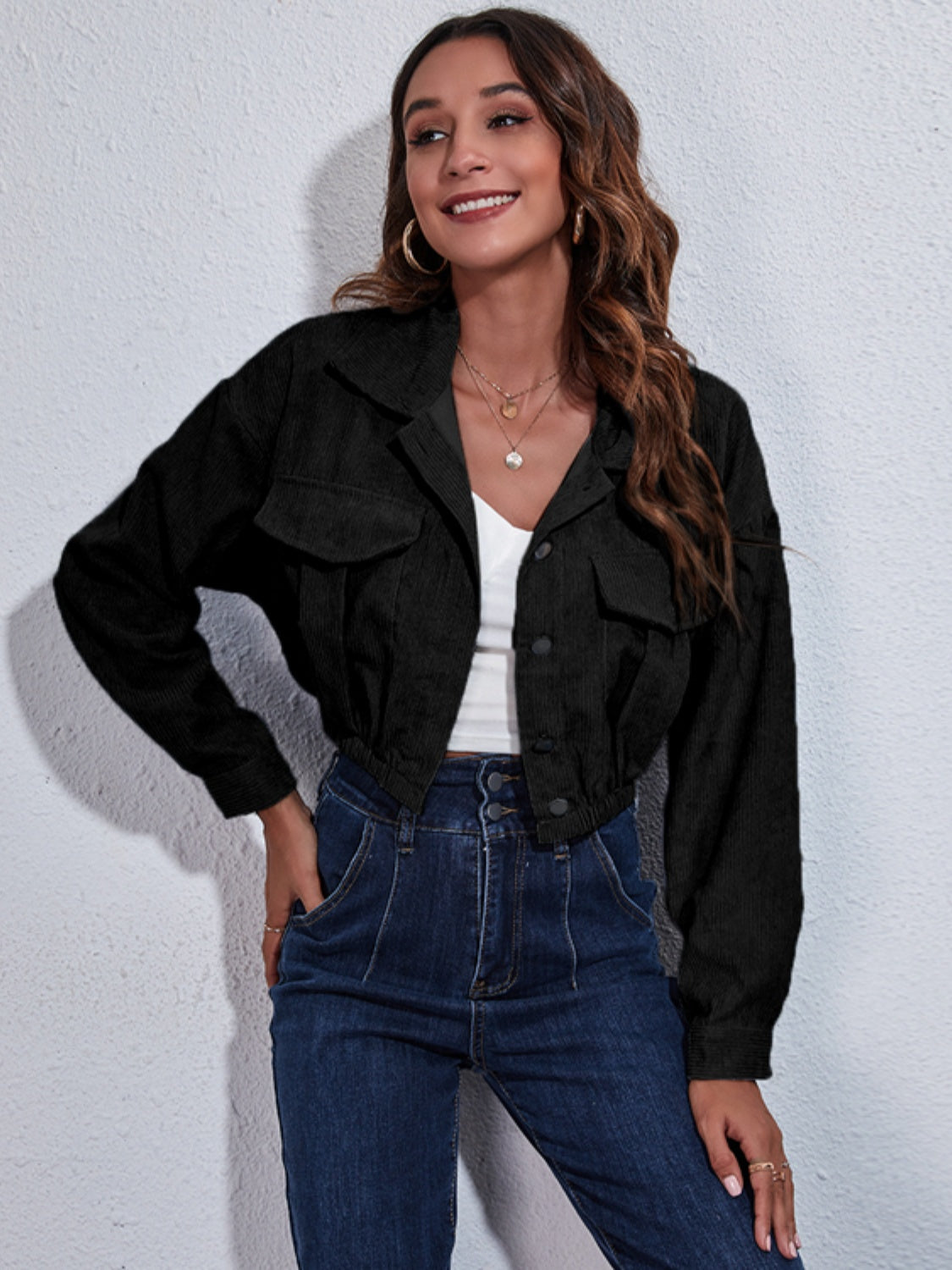Collared Neck Dropped Shoulder Buttoned Jacket in Black