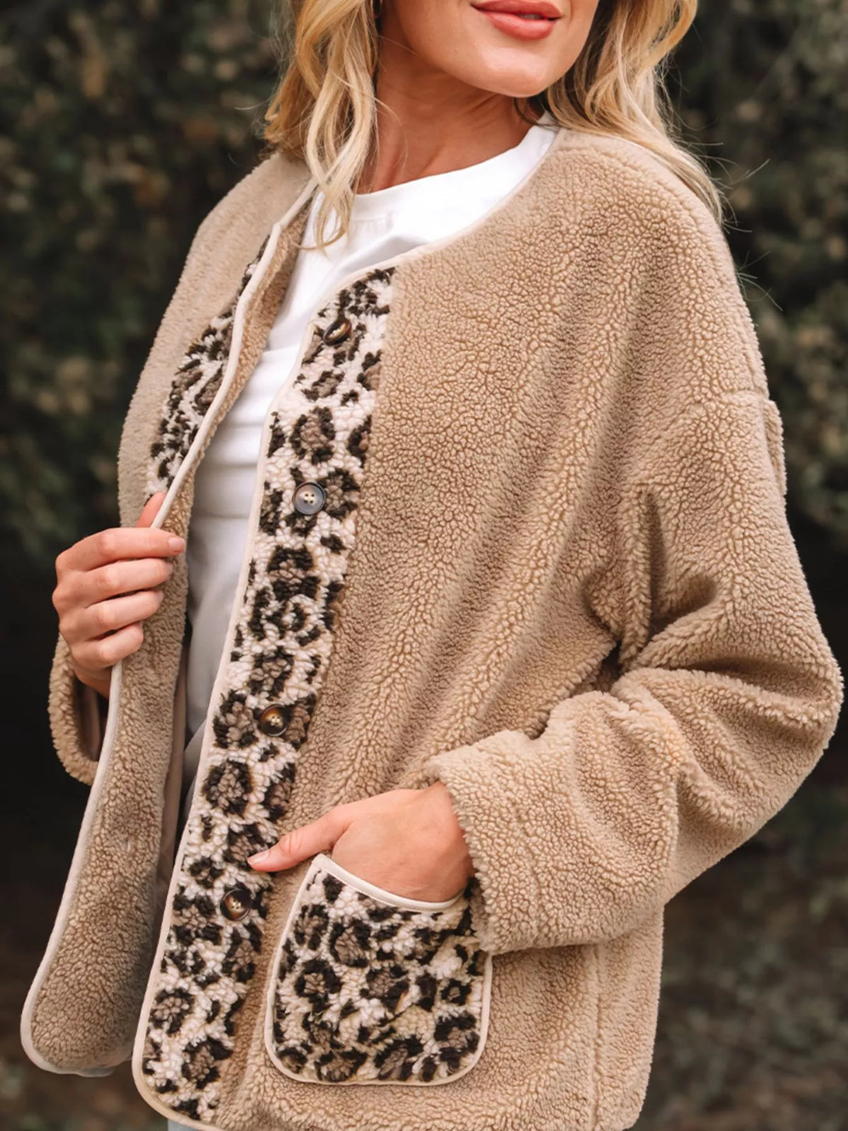 Casual Leopard Print Accent Plush Jacket with Pockets in Camel, view 5