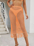 Sheer Crochet Knit Swim Cover-Up Skirt with Fringe - Lilixa.store