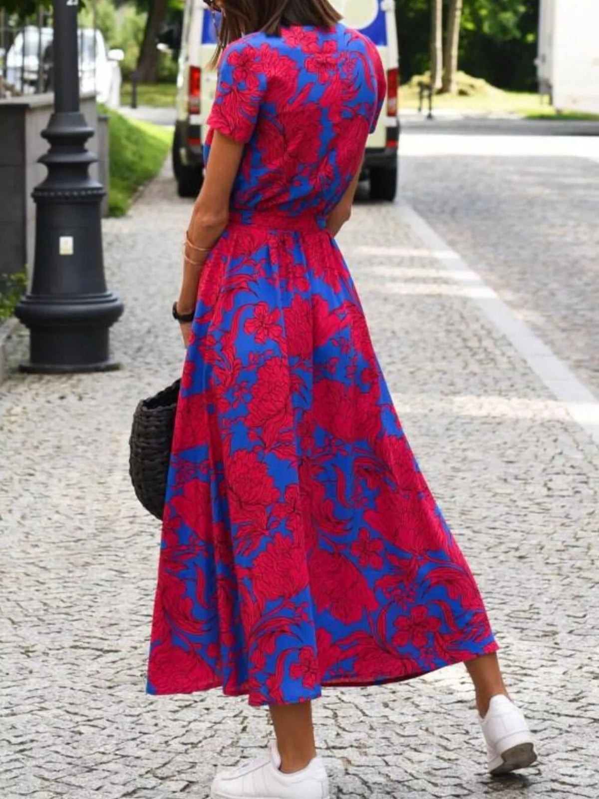 Full Size Slit Floral Print Short Sleeve Dress Plus Size - Lilixa.store