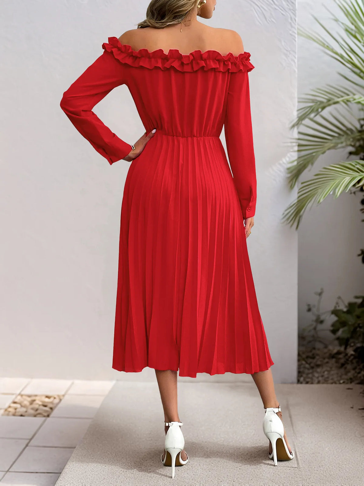 Off-Shoulder Ruffle Pleated Midi Dress - Lilixa.store