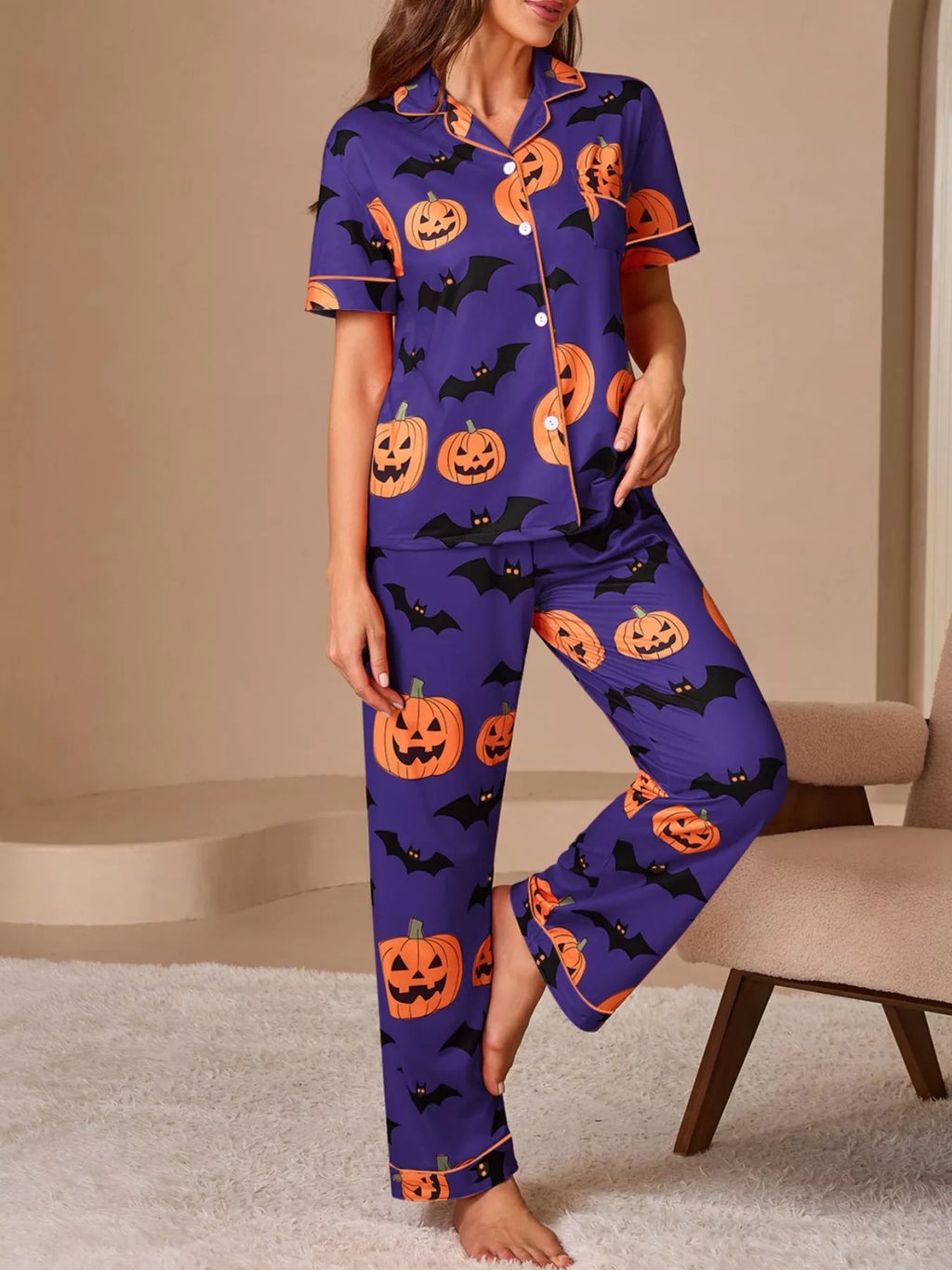 Halloween Pumpkin and Bat Print Button-Down Top and Pants Lounge Set - Lilixa.store