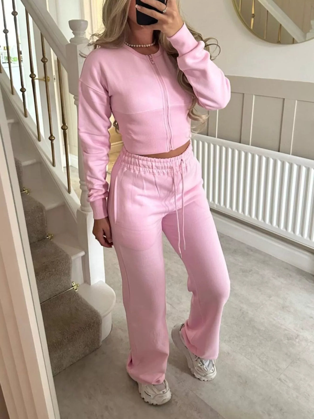 Zip-Up Crop Hoodie and High-Waisted Pants Set - Lilixa.store