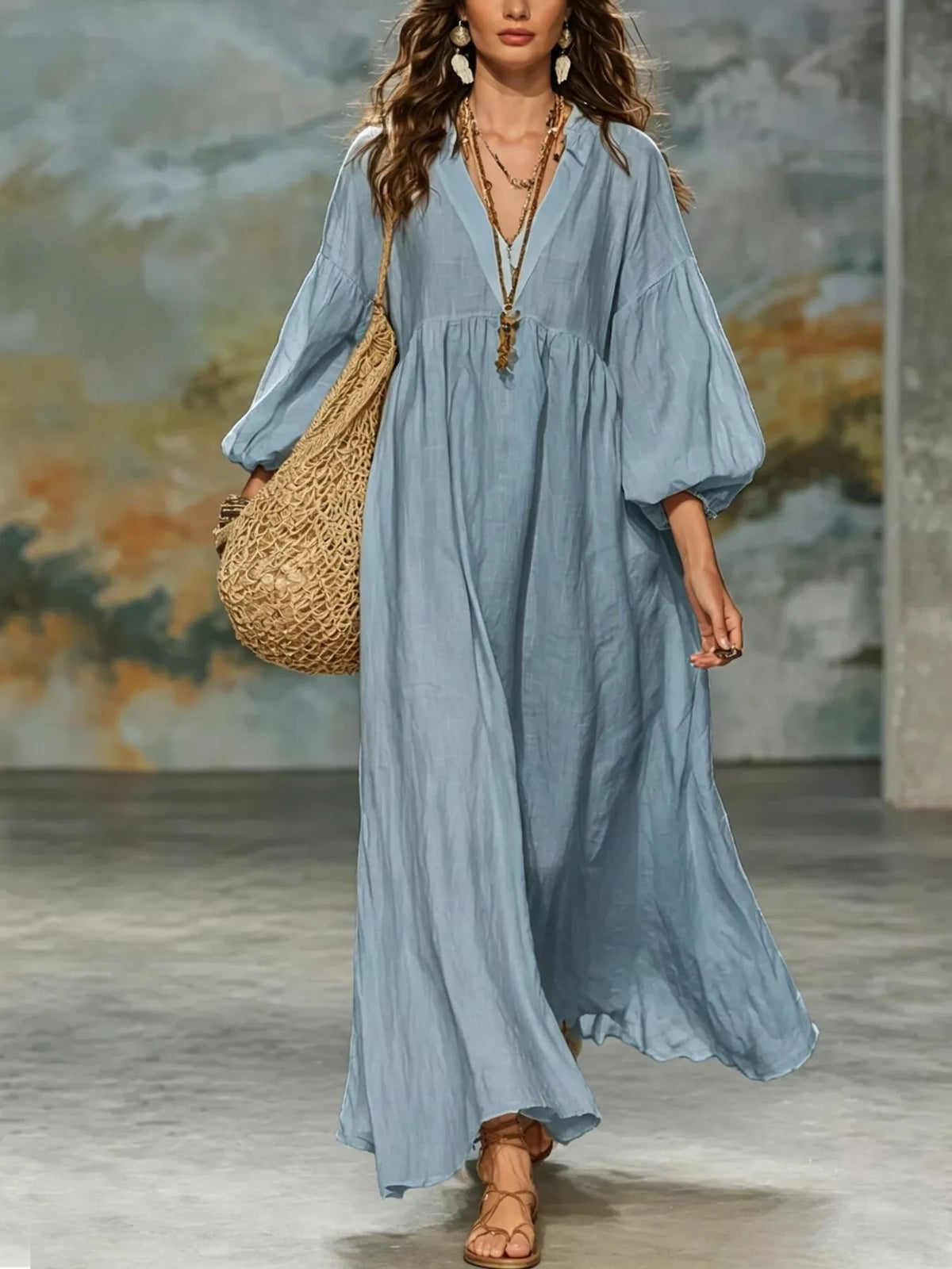 Full Size Notched 3/4 Sleeve Maxi Dress Plus Size
