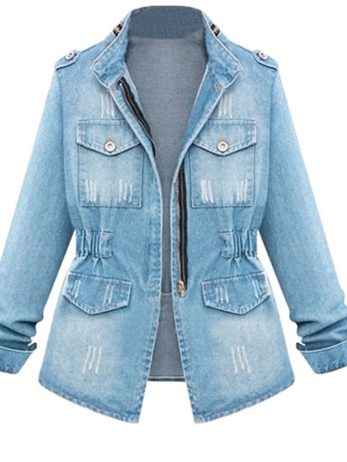 Full Size Chest Pocket Zip Up Denim Jacket Plus Size, view 2
