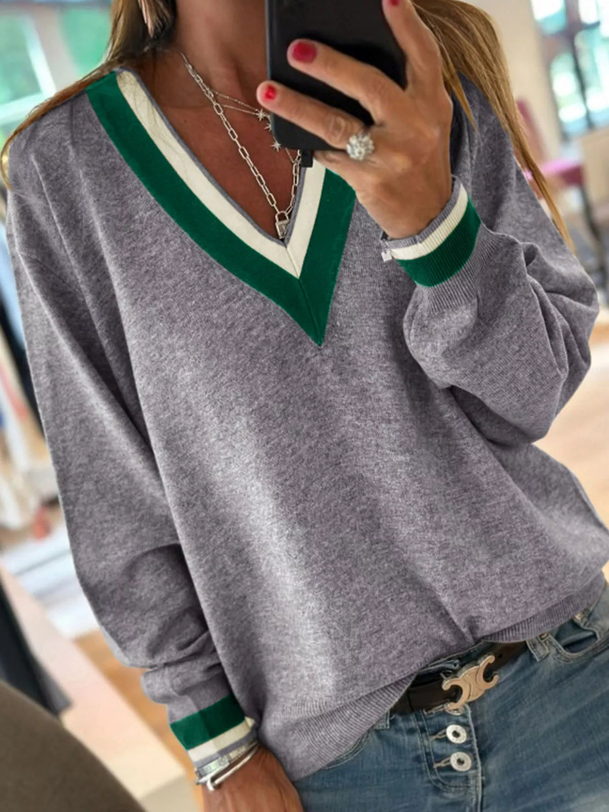 V-Neck Striped Trim Long Sleeve Sweater in Gray, view 3
