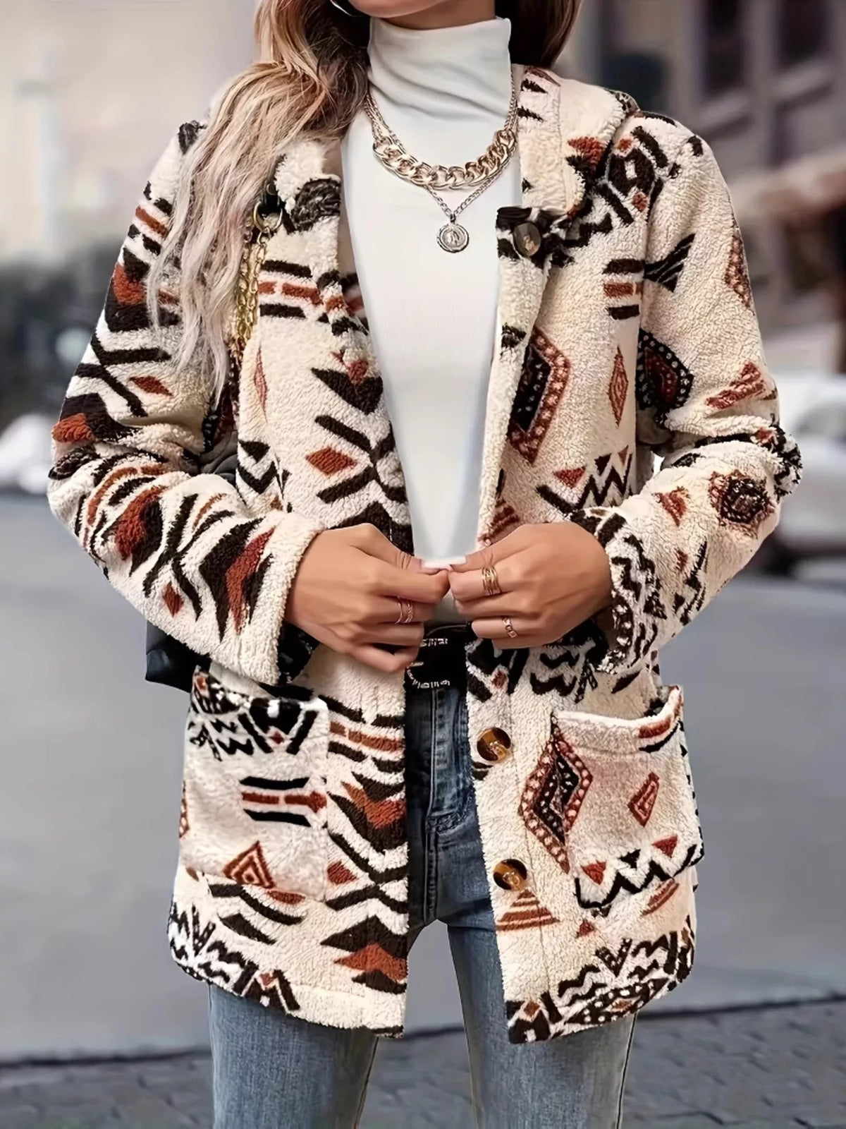 Ethnic Pattern Button-Up Fleece Outerwear - Lilixa.store