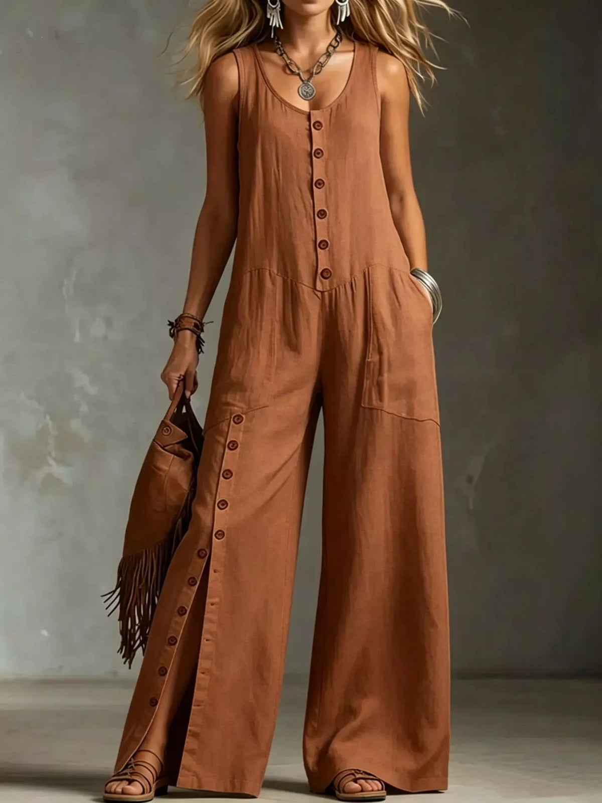 Full Size Sleeveless Button Front Wide Leg Jumpsuit Plus Size - Lilixa.store