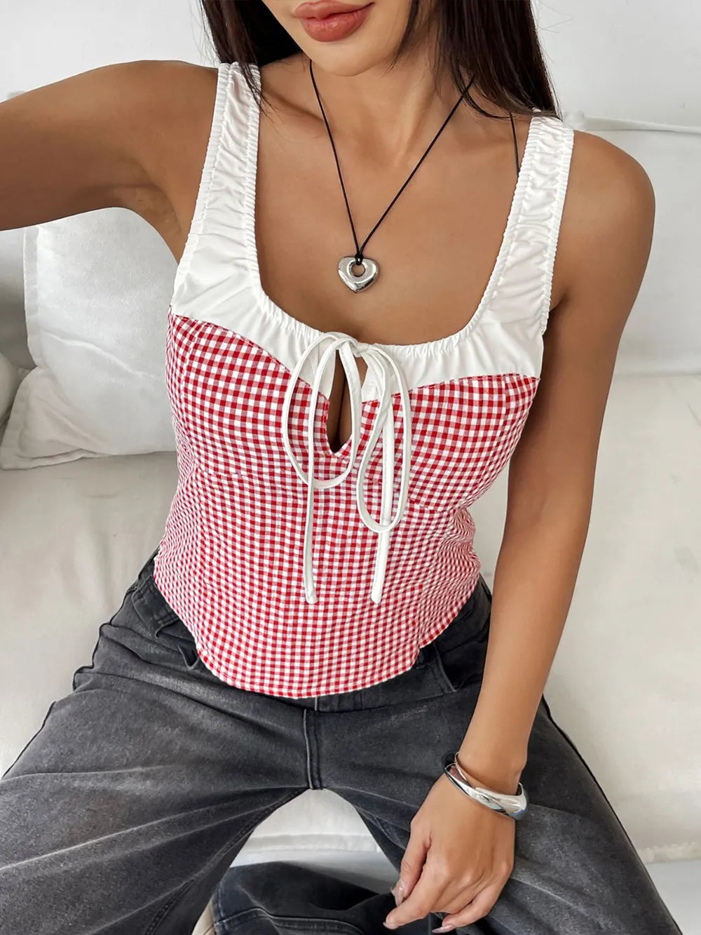 Perfee Contrast Plaid Square Neck Tank - Lilixa.store