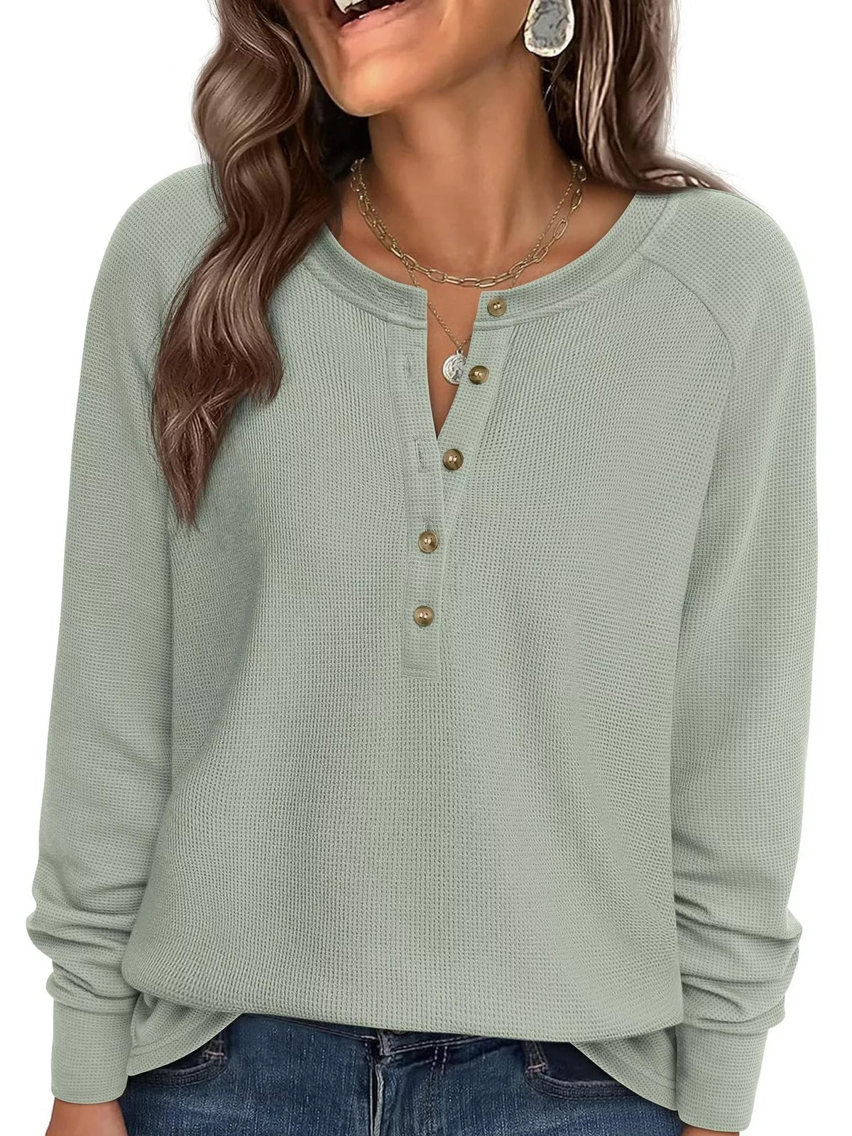 Waffle Knit Henley Long Sleeve T-Shirt