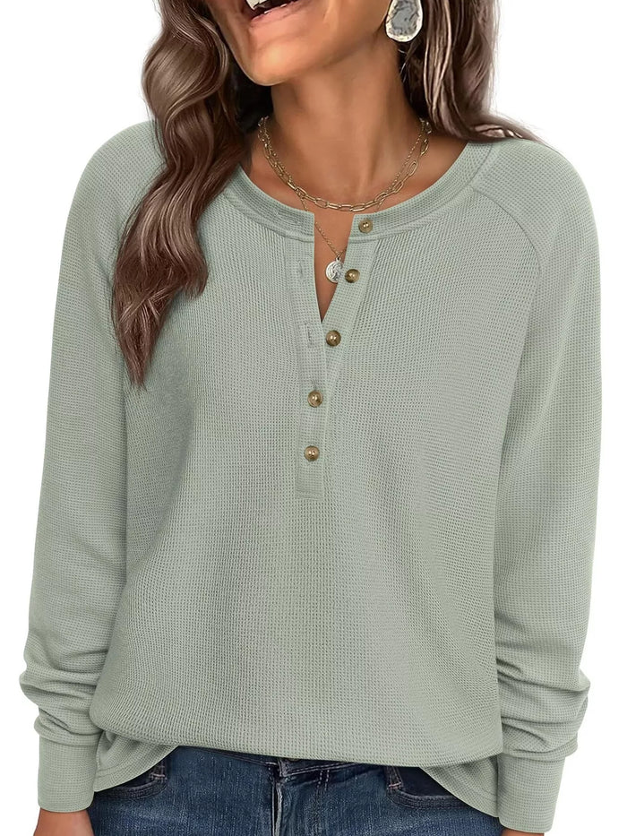 Waffle Knit Henley Long Sleeve T-Shirt - Lilixa.store