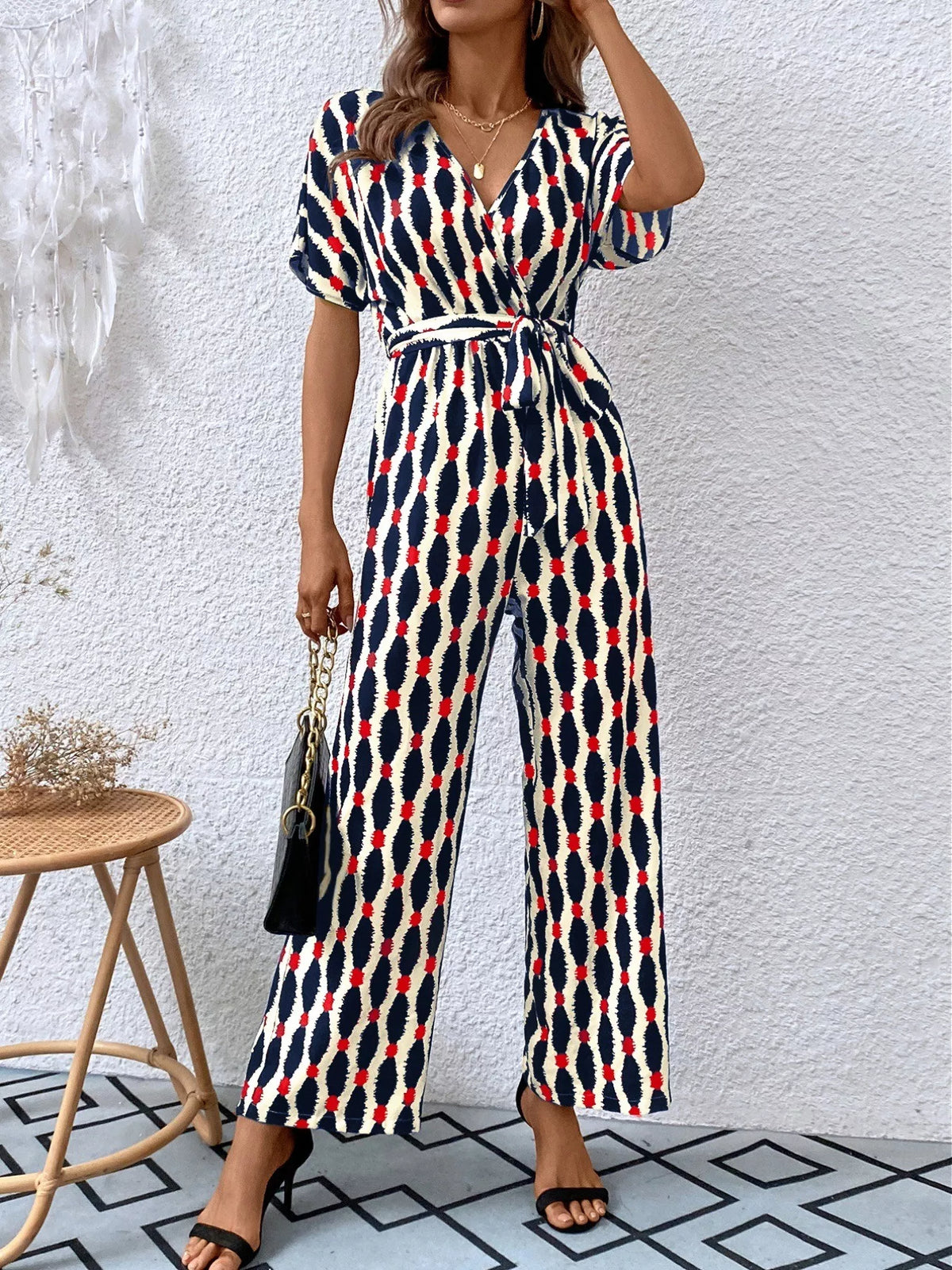 Printed Surplice Tie Waist Short Sleeve Jumpsuit - Lilixa.store