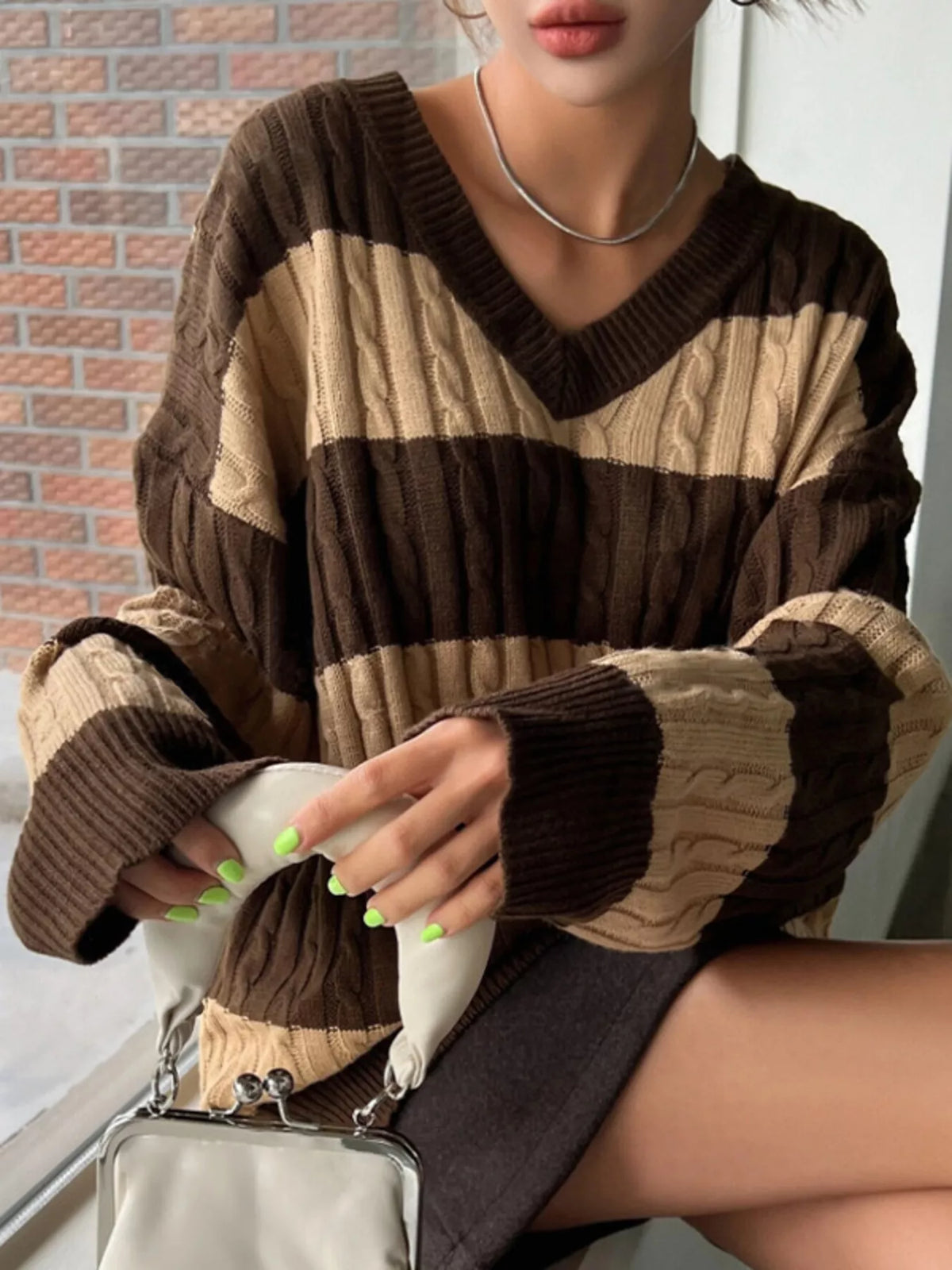 V-Neck Striped Cable Knit Sweater