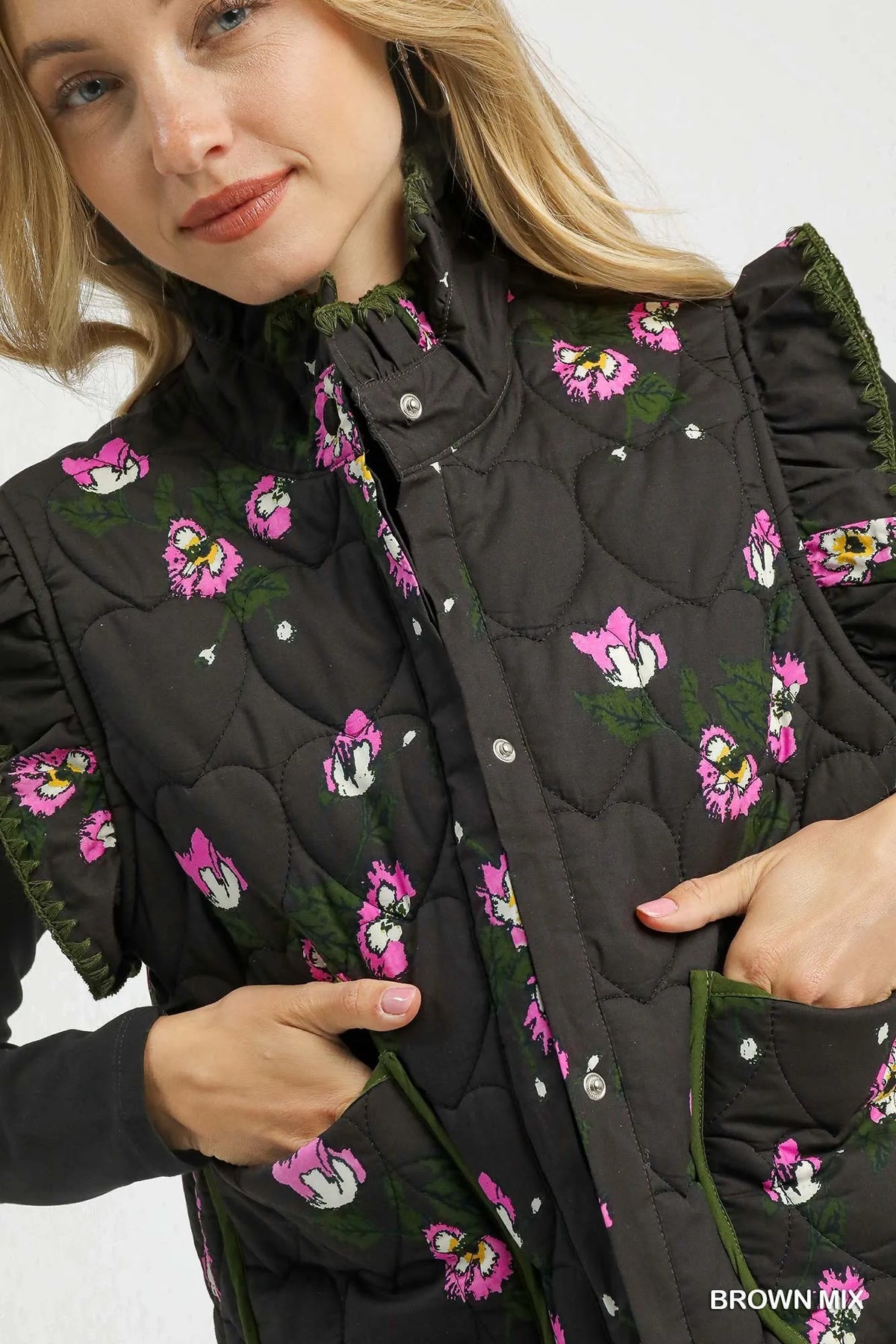 Umgee Ruffled Quilted Floral Snap Down Vest, view 5