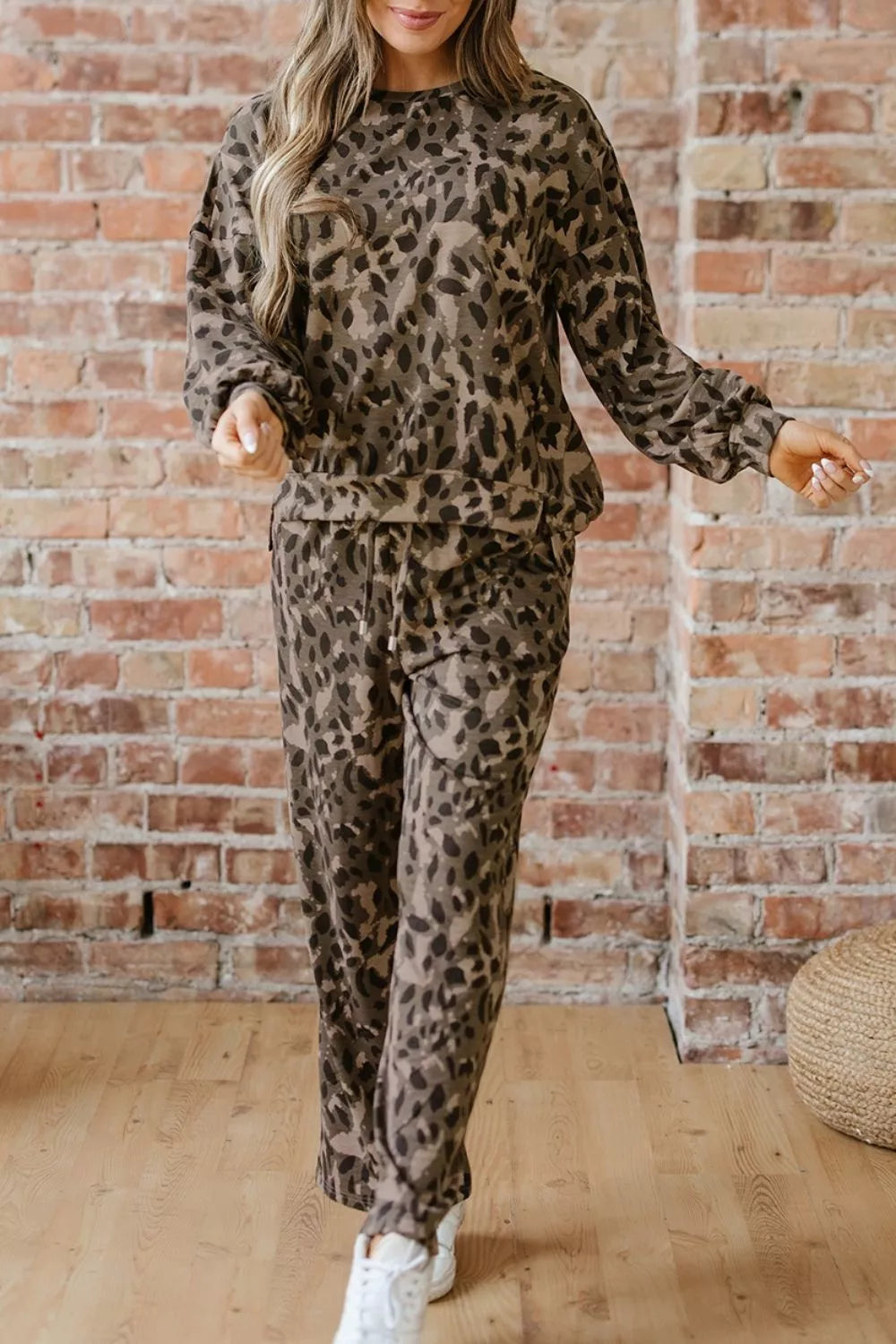 Leopard Print Long Sleeve Top and Pants Set, view 3