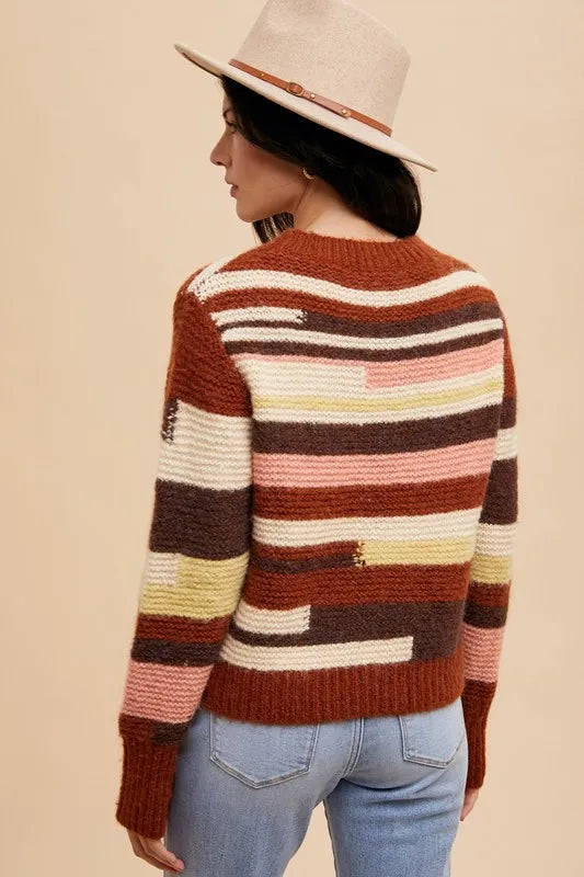 Annie Wear Color Block Round Neck Long Sleeve Sweater - Lilixa.store