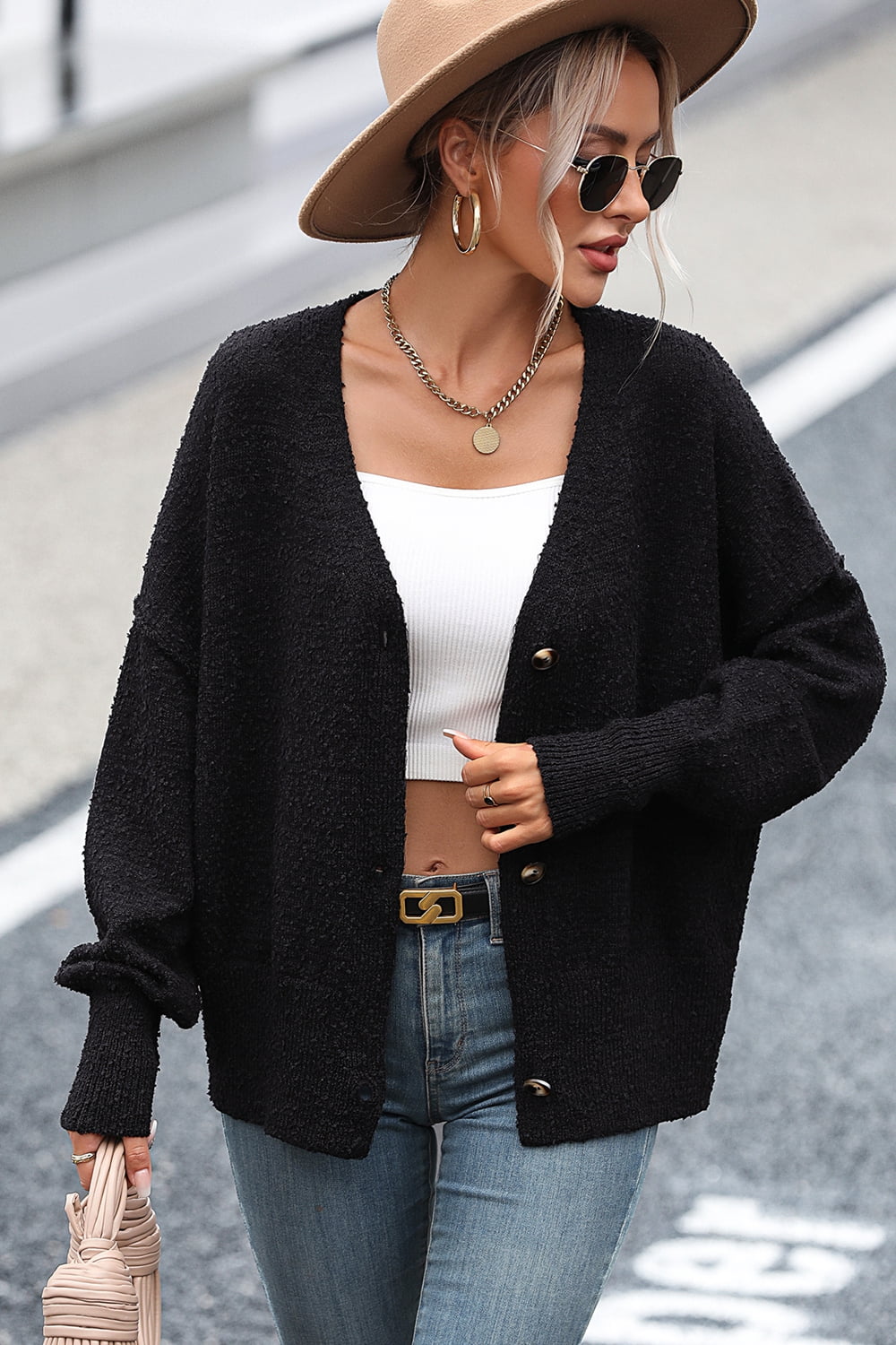 Button-Up Dropped Shoulder Cardigan - Lilixa.store