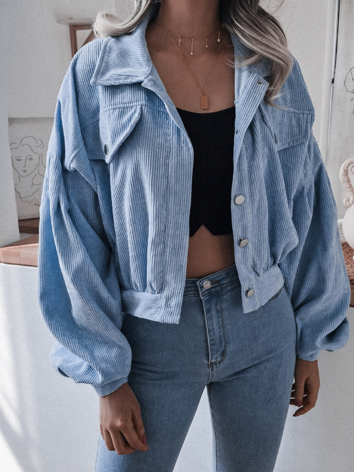 Lantern Sleeve Cropped Corduroy Jacket, view 2
