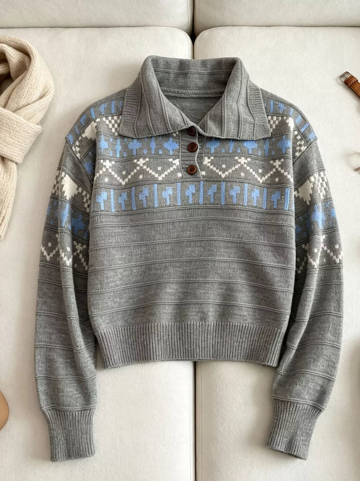 Vintage-Inspired Fair Isle Patterned Polo Sweater, view 17