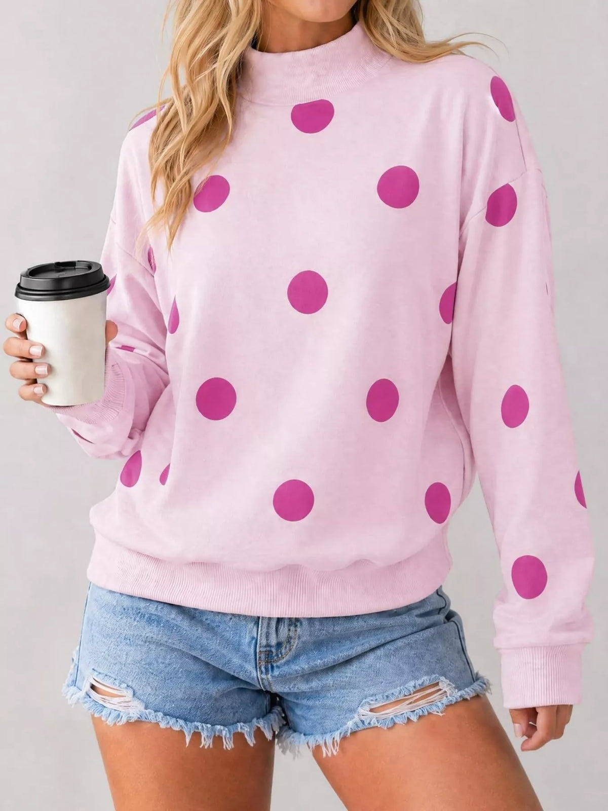 Mock Neck Polka Dot Print Oversized Sweatshirt - Lilixa.store
