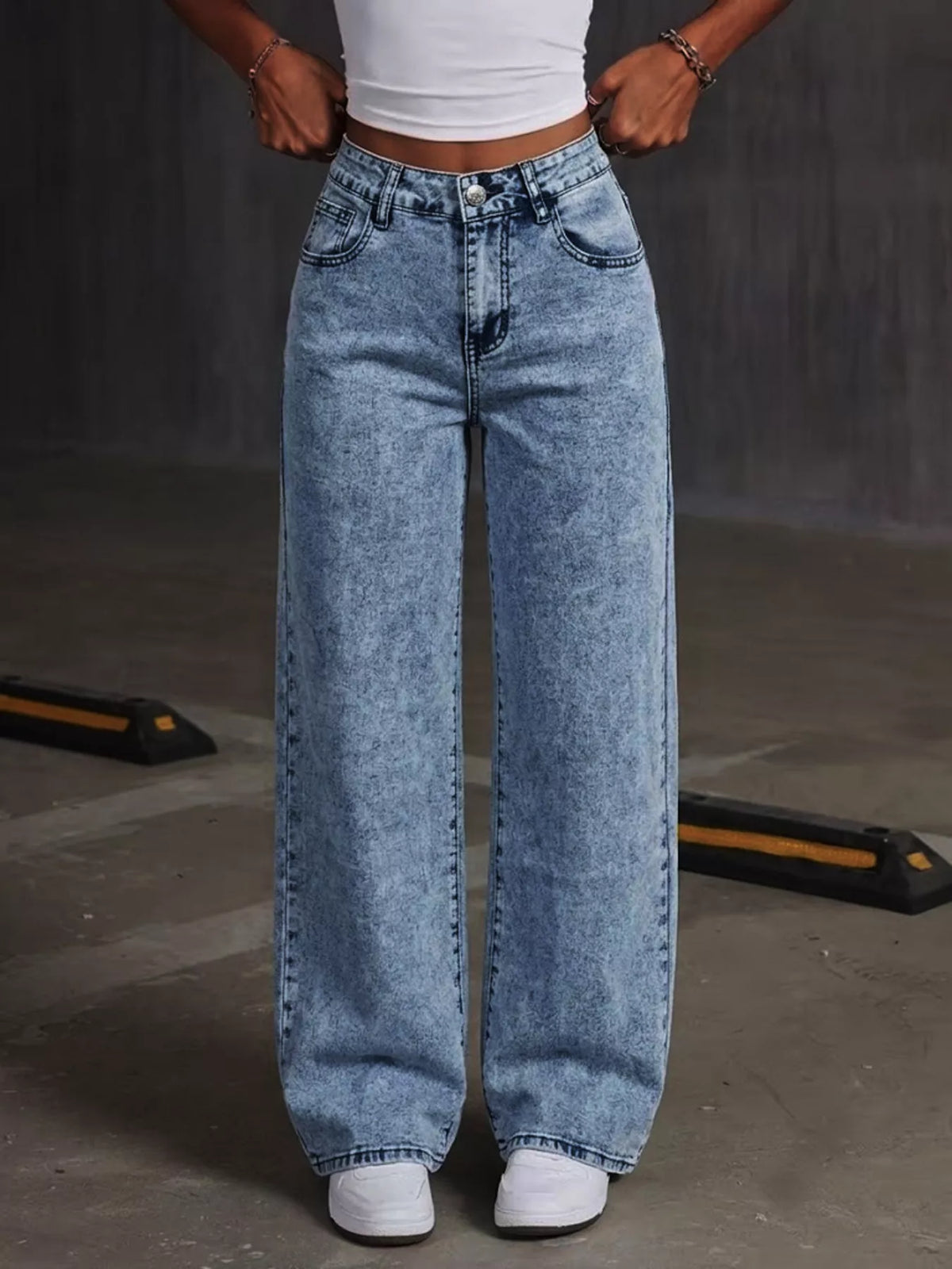 Washed Wide Leg Jeans with Embroidered Bow Detail in Dusty Blue, view 3