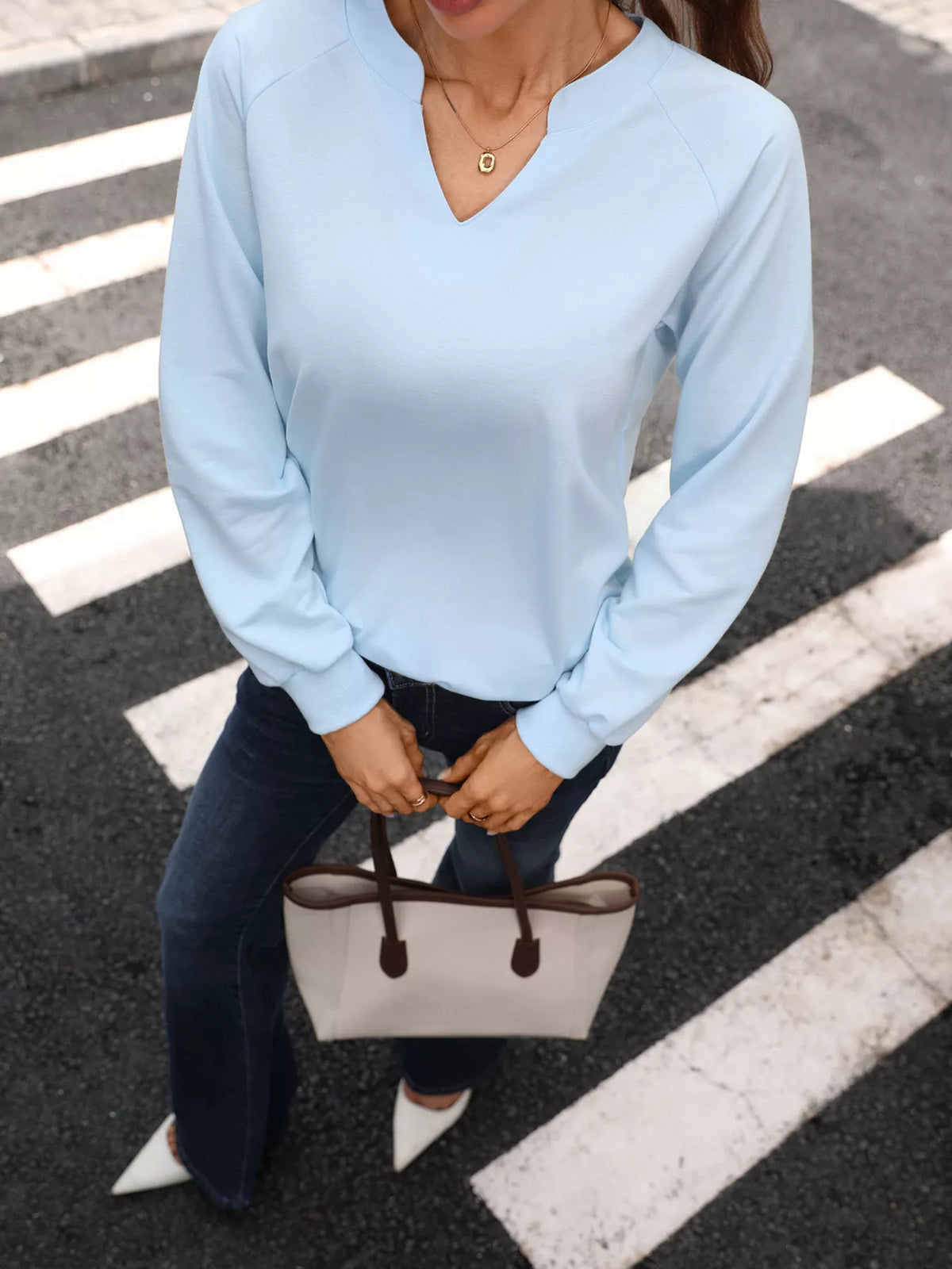 Notched Raglan Sleeve Sweatshirt - Lilixa.store
