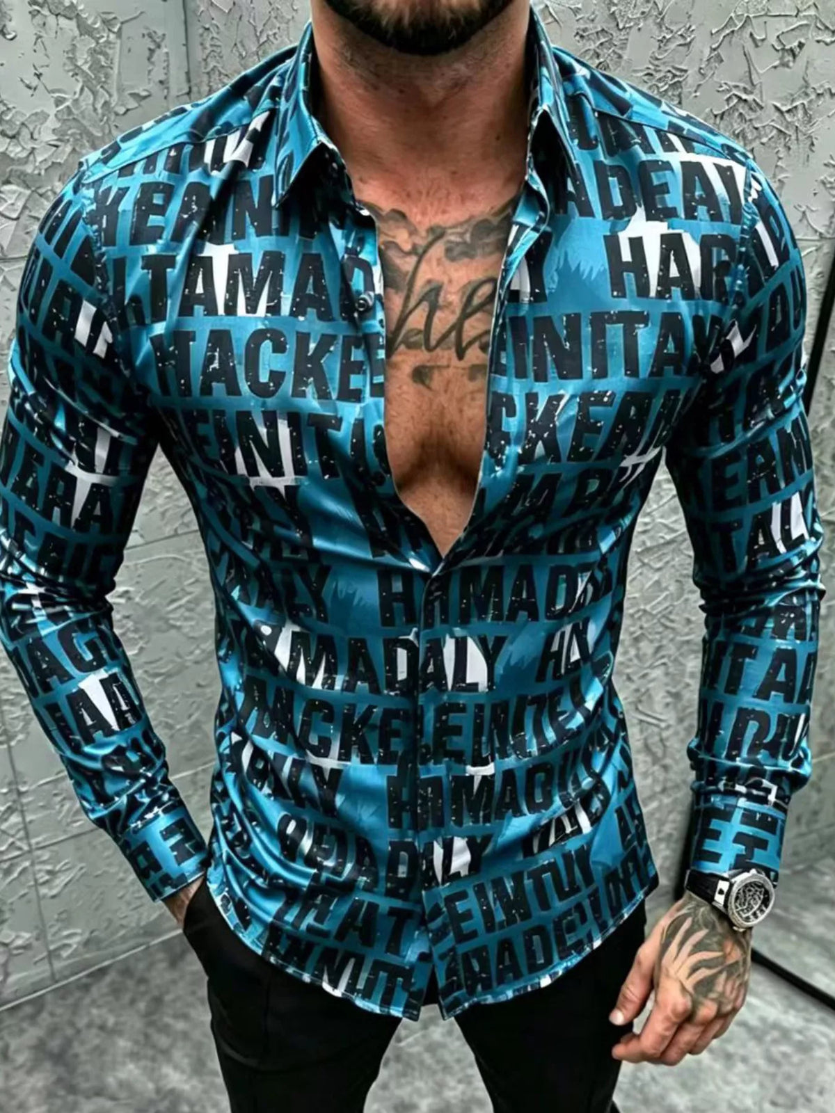Men's Plus Size Letter Print Slim Fit Long Sleeve Shirt - Lilixa.store