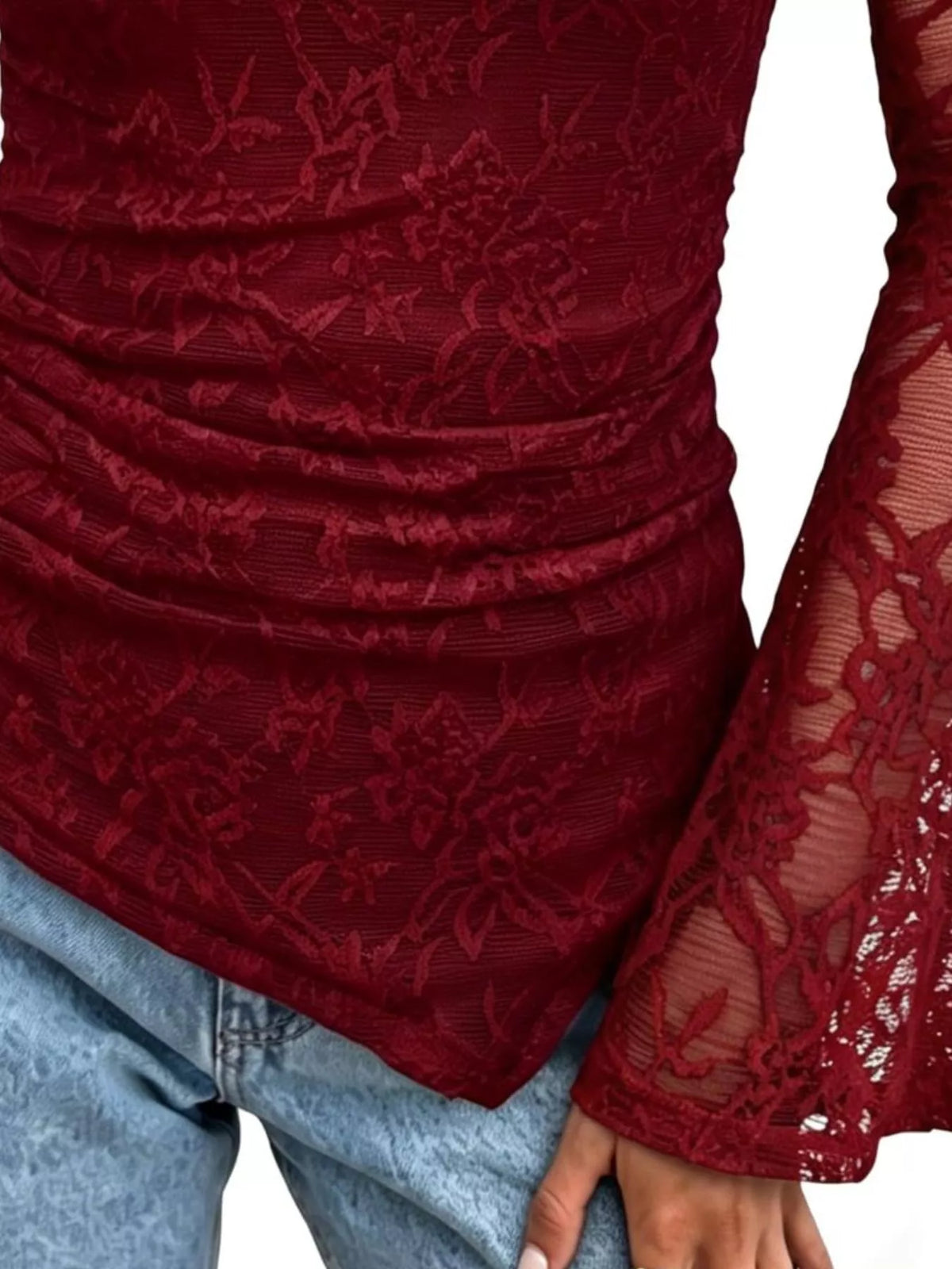 Floral Lace Long Sleeve Blouse with Flared Cuffs, view 8