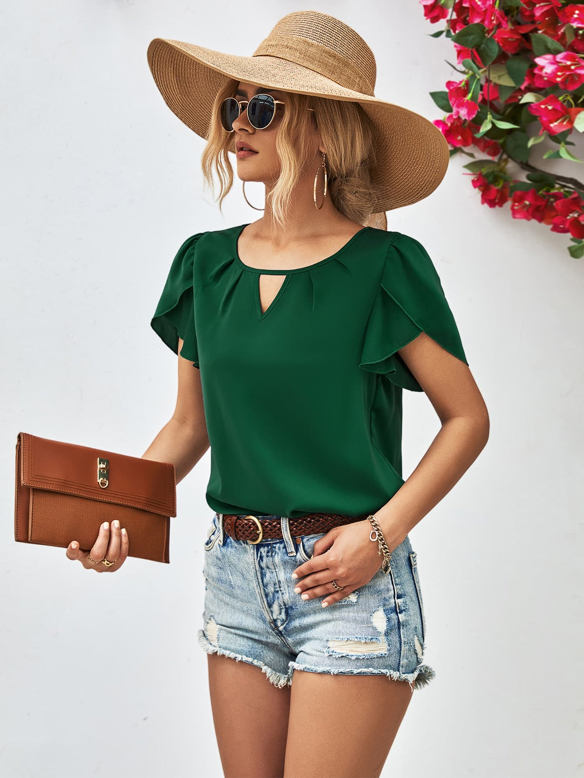 Cutout Round Neck Petal Sleeve Blouse, view 2