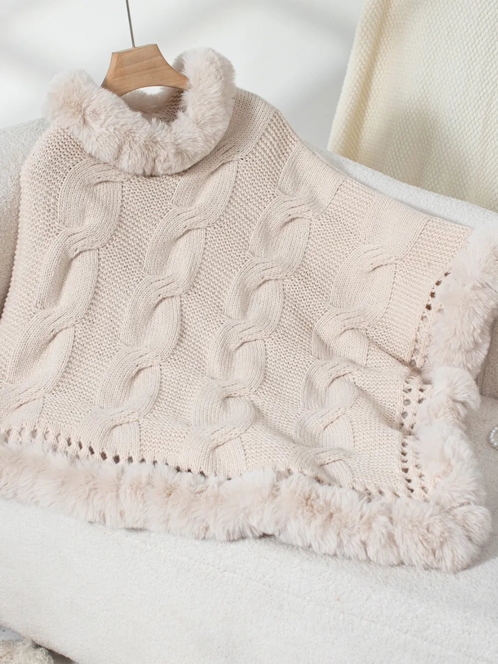 Fuzzy Hem Cable-Knit Poncho - Lilixa.store
