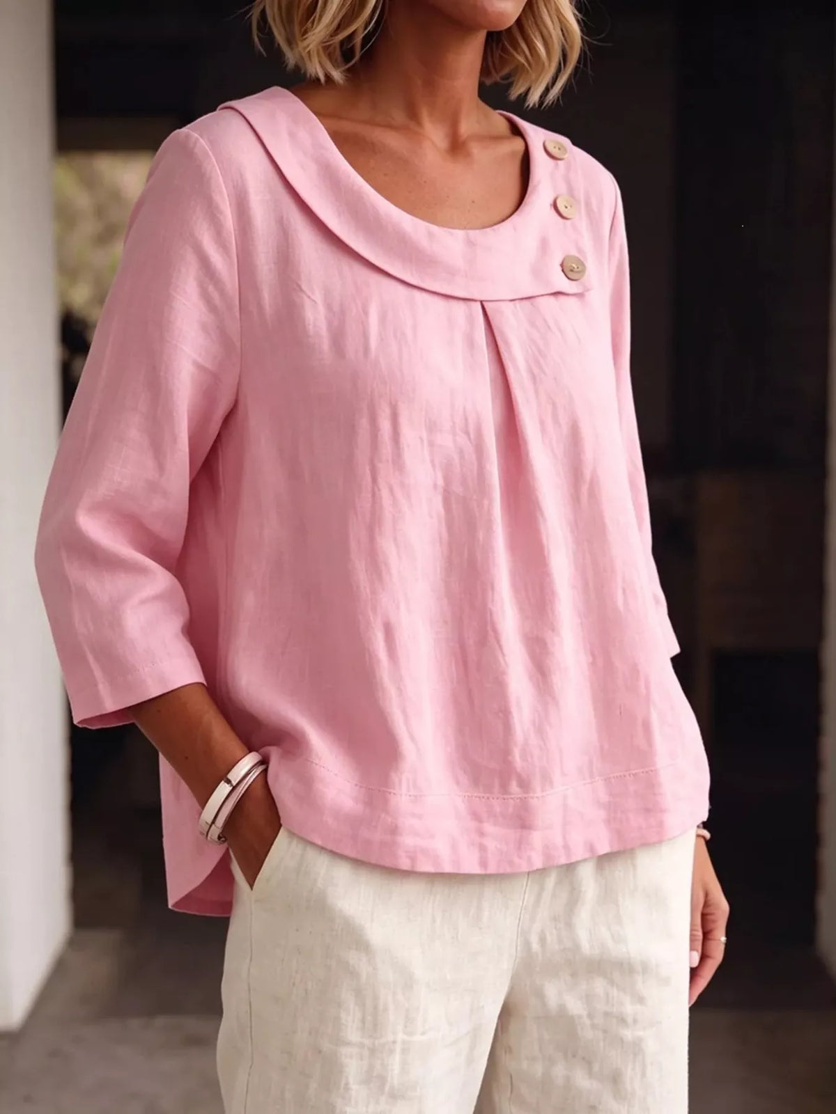Linen Blend Blouse with Decorative Buttons in Pink