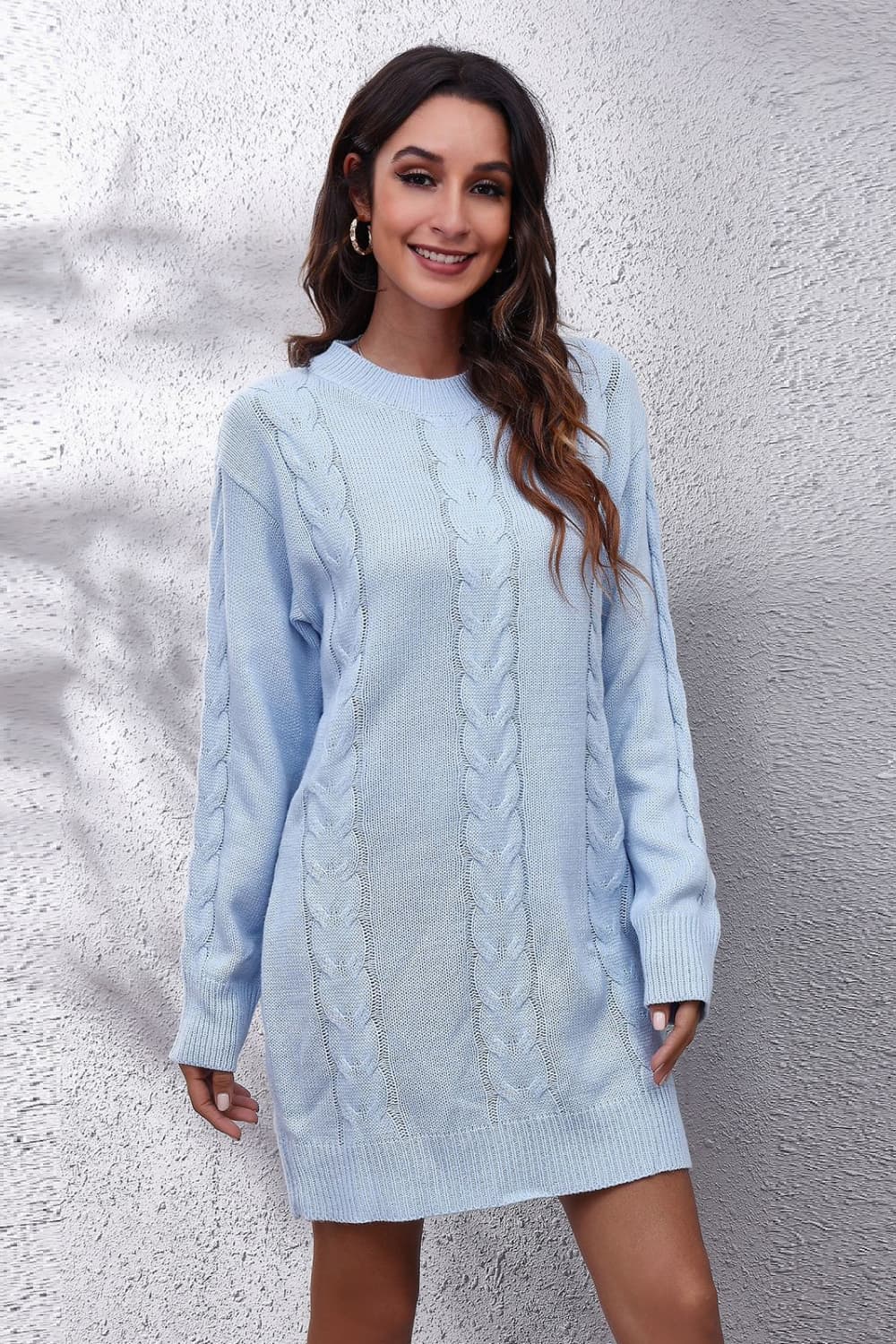 Cable-Knit Round Neck Sweater Dress in Light Blue