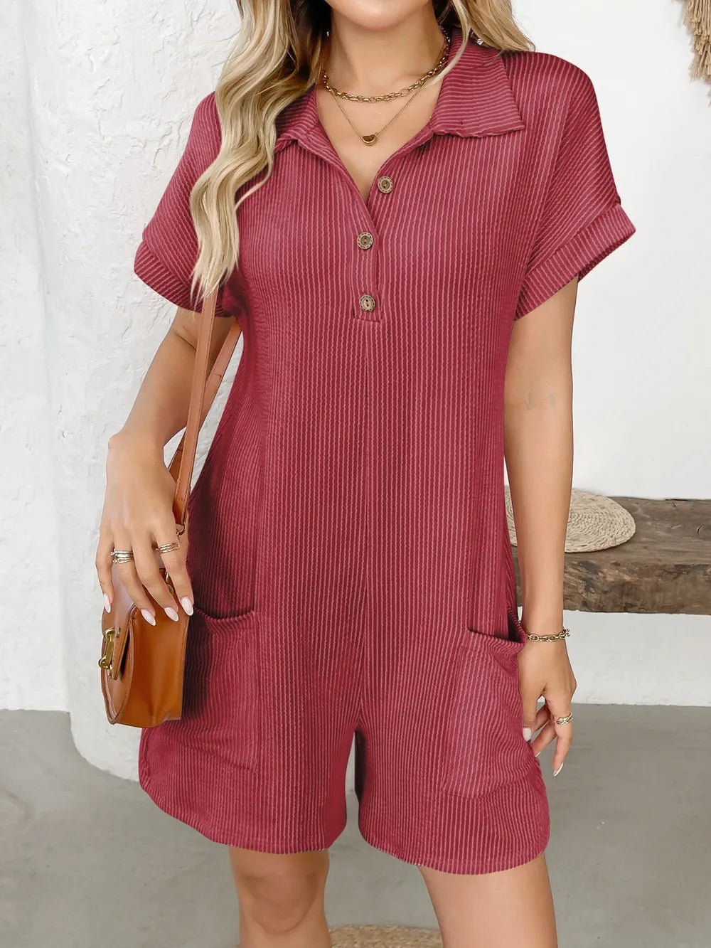 Button Detail Collared Neck Short Sleeve Romper - Lilixa.store