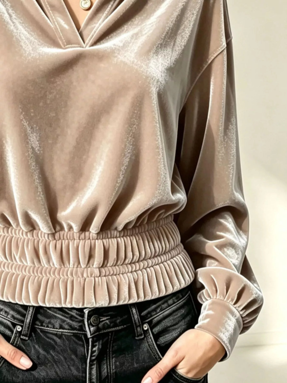 Velvet Johnny Collar Long Sleeve Blouse, view 2