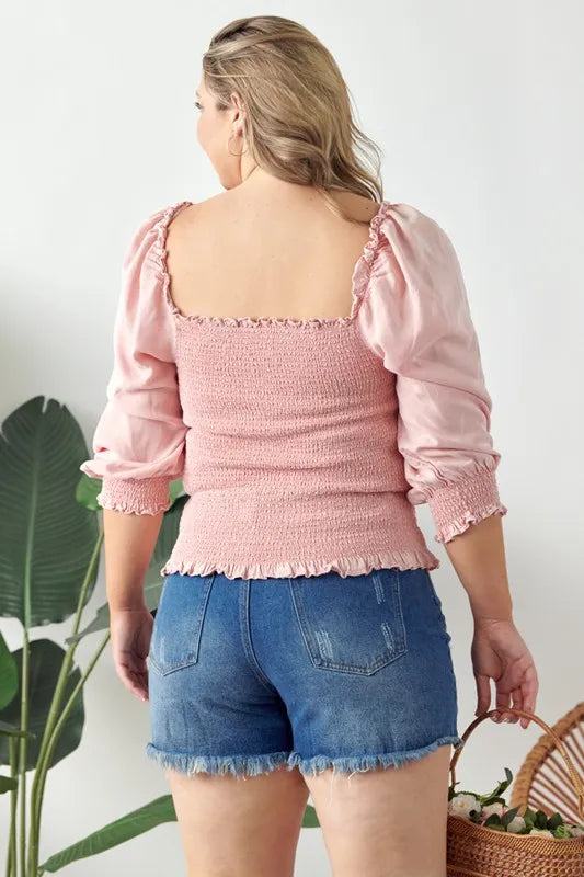 GeeGee Full Size Ruffled Smocked Frill Square Neck Top Plus Size - Lilixa.store