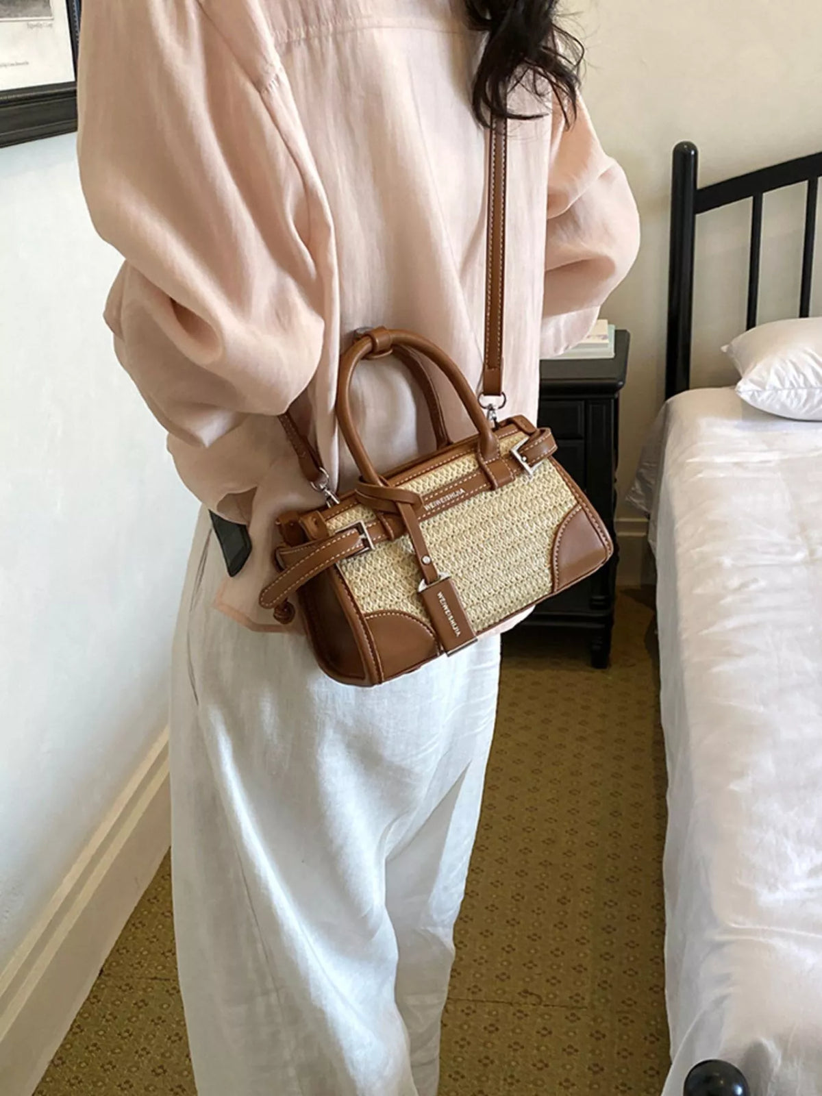 Leather Trim Woven Crossbody Bag