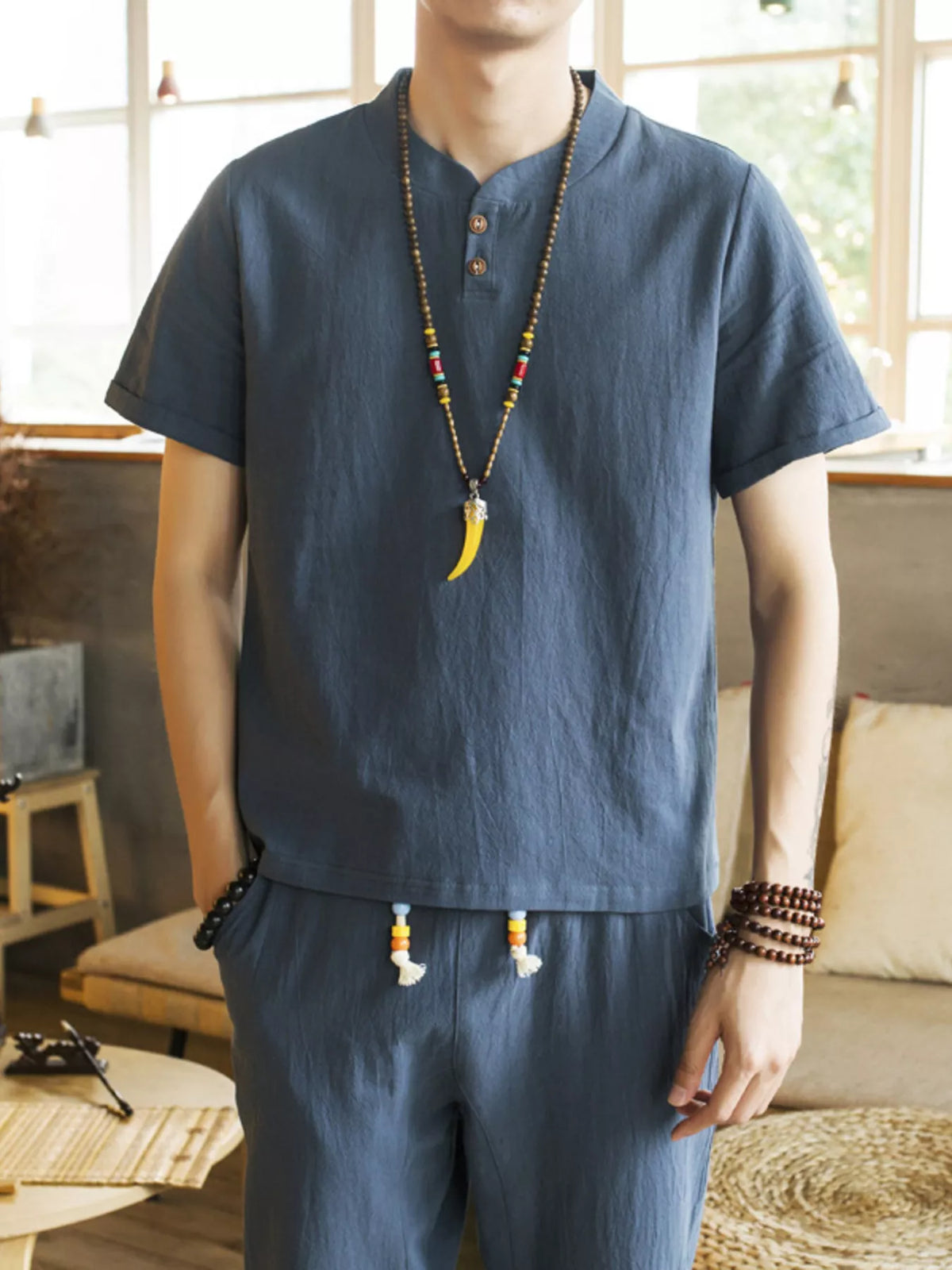 Men's Plus Size Button Detail Short Sleeve Top and Pants Set - Lilixa.store