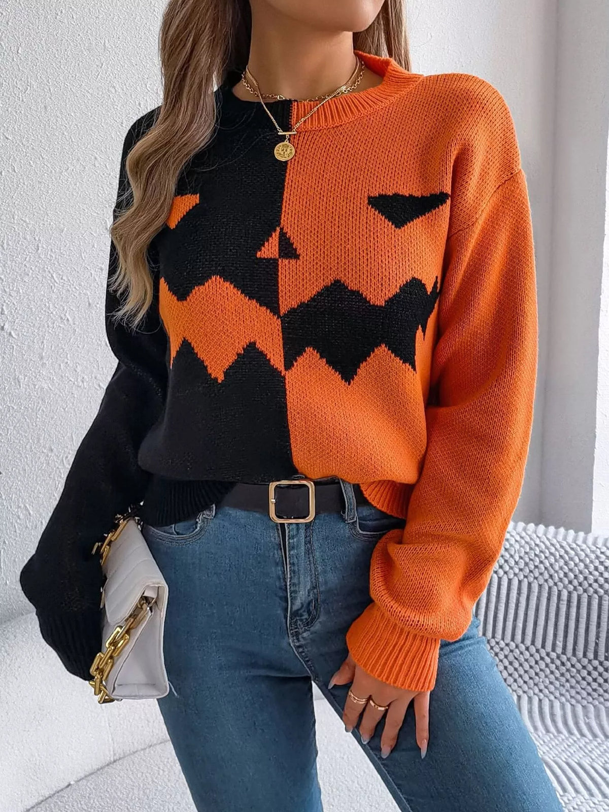 Pumpkin Face Graphic Two Tone Sweater