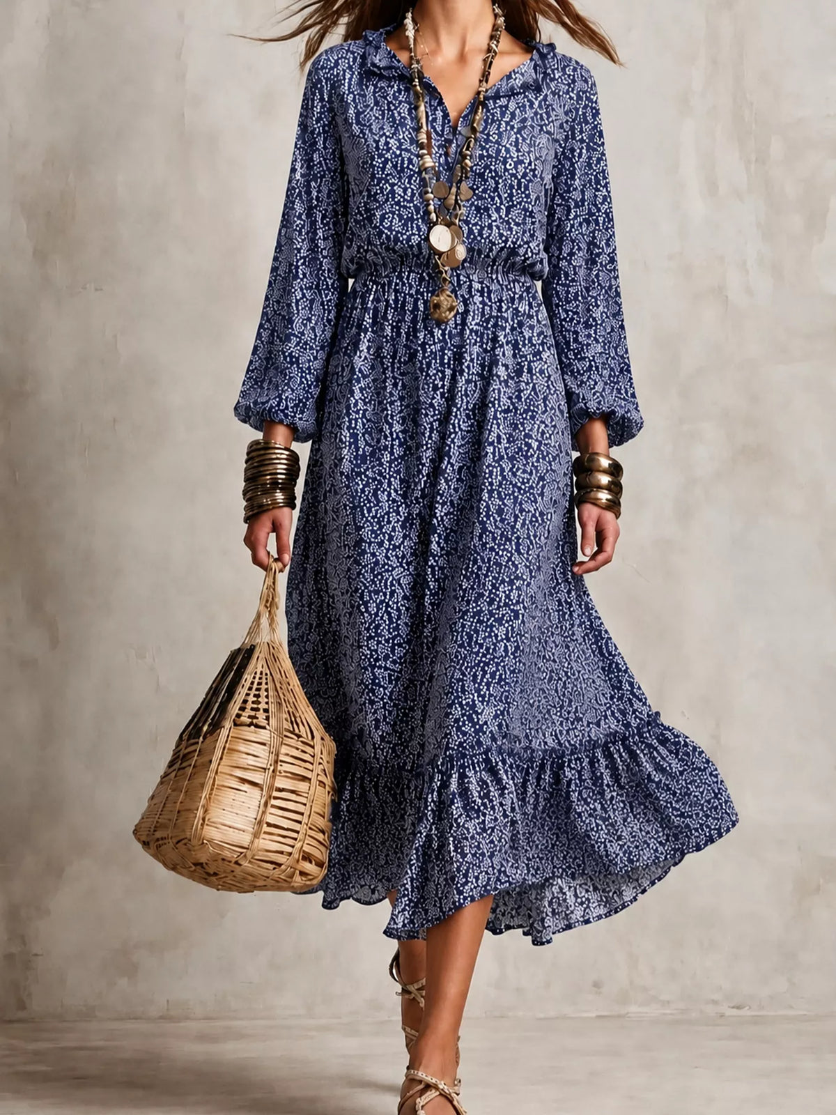Floral Print Long-Sleeve Ruffle Hem Midi Dress