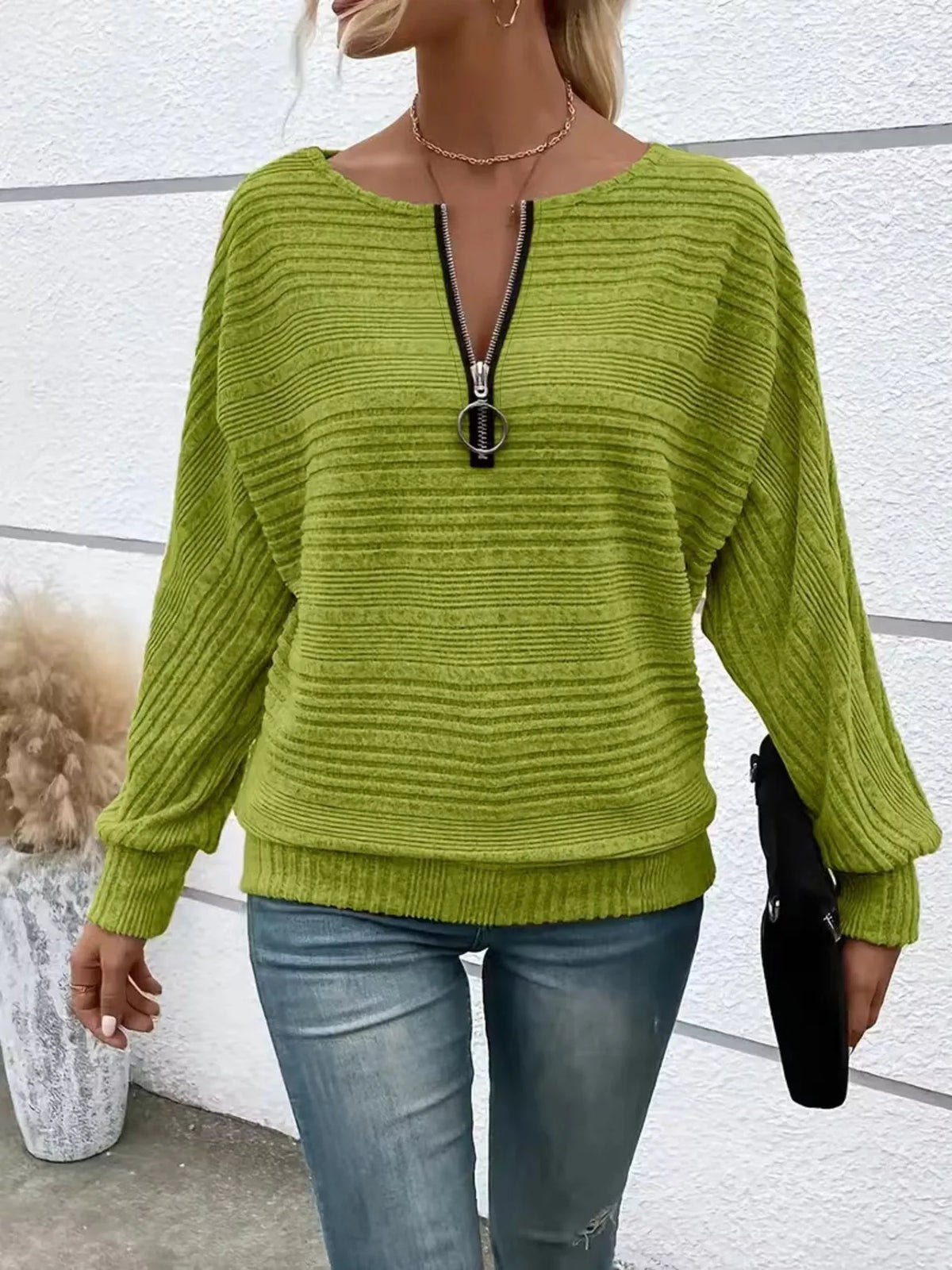 Ribbed Knit Quarter Zip Sweatshirt - Lilixa.store