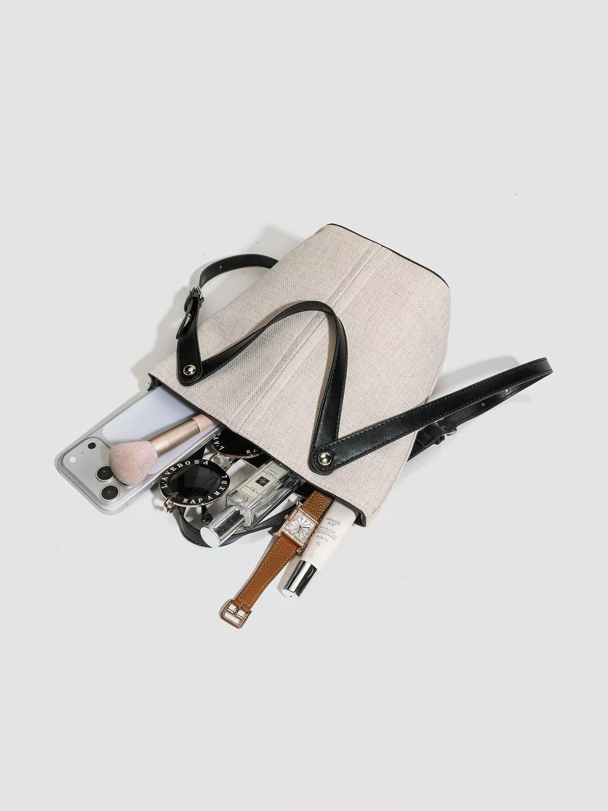 Canvas Bucket Handbag with Contrast Leather Straps in Light Gray, view 8