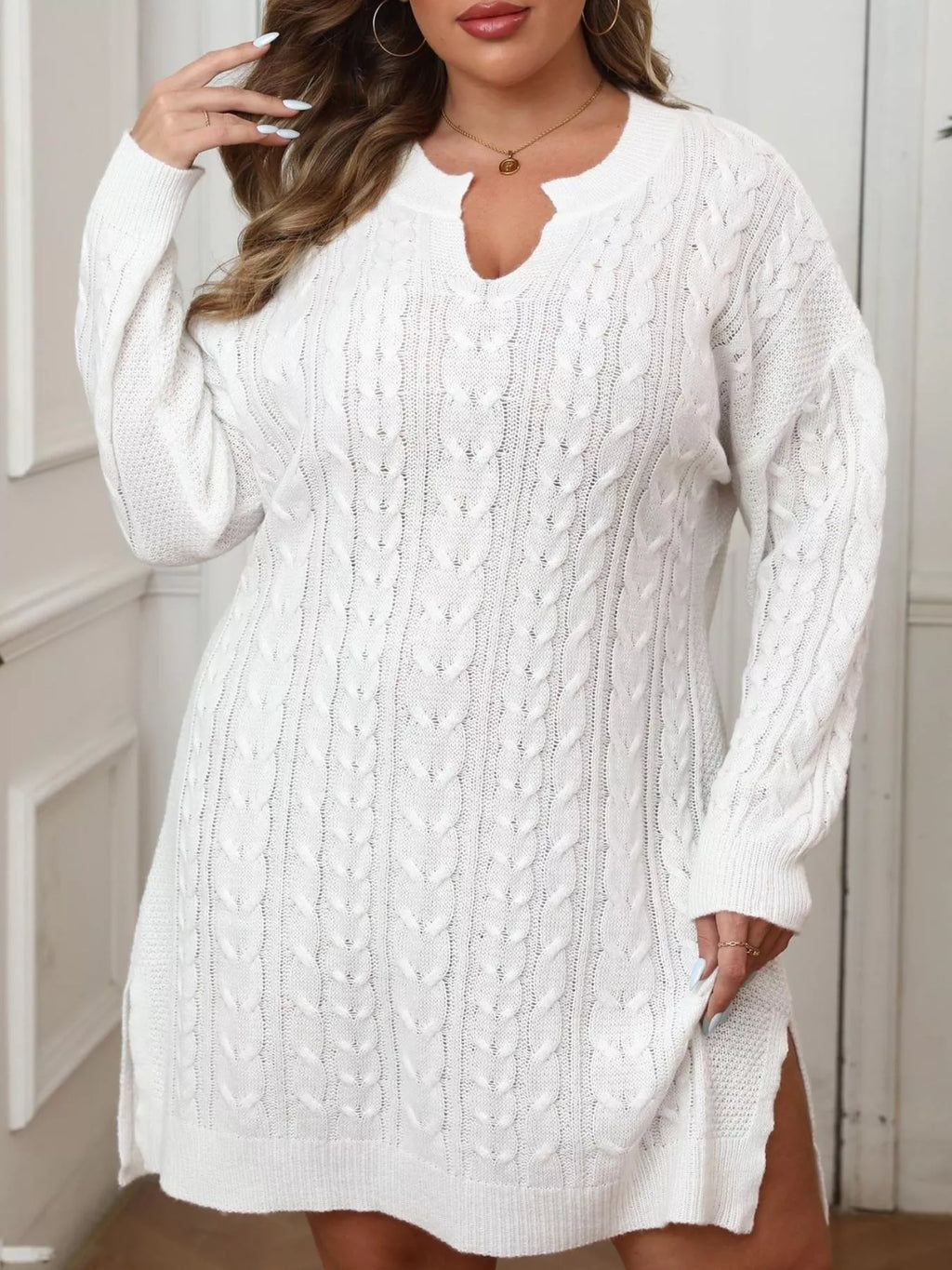 Plus Size Cable Knit Long Sleeve Sweater Dress - Lilixa.store