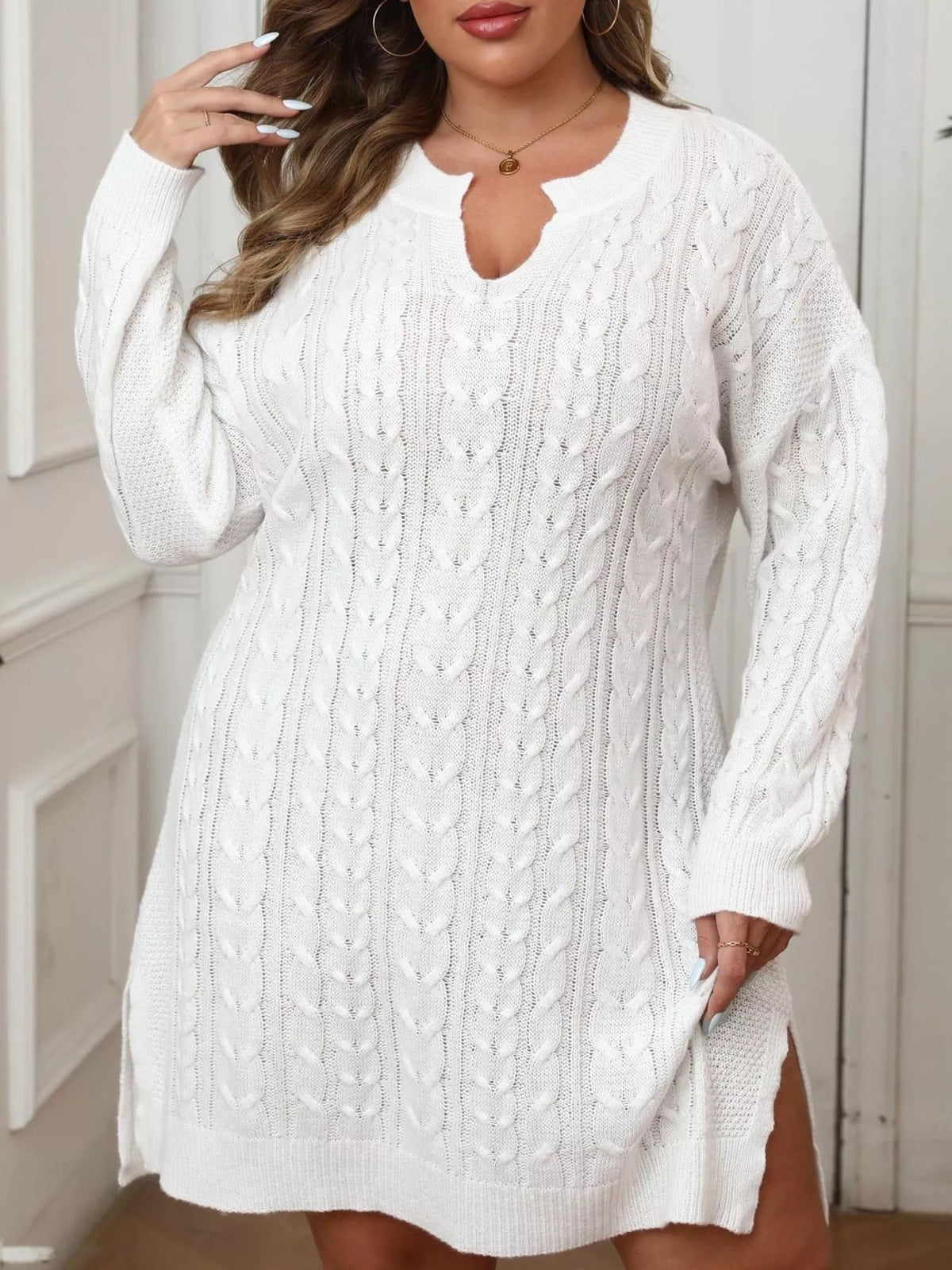Plus Size Cable Knit Long Sleeve Sweater Dress - Lilixa.store