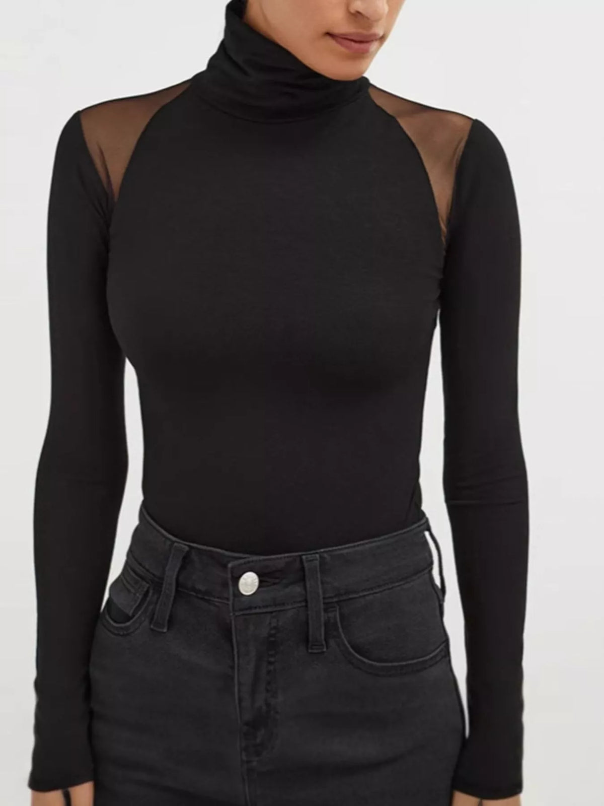 Mesh Shoulder Turtleneck Bodysuit - Lilixa.store