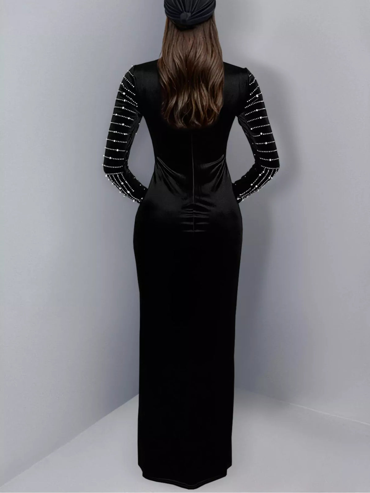 Rhinestone Embellished Mock Neck Long Sleeve Maxi Dress - Lilixa.store