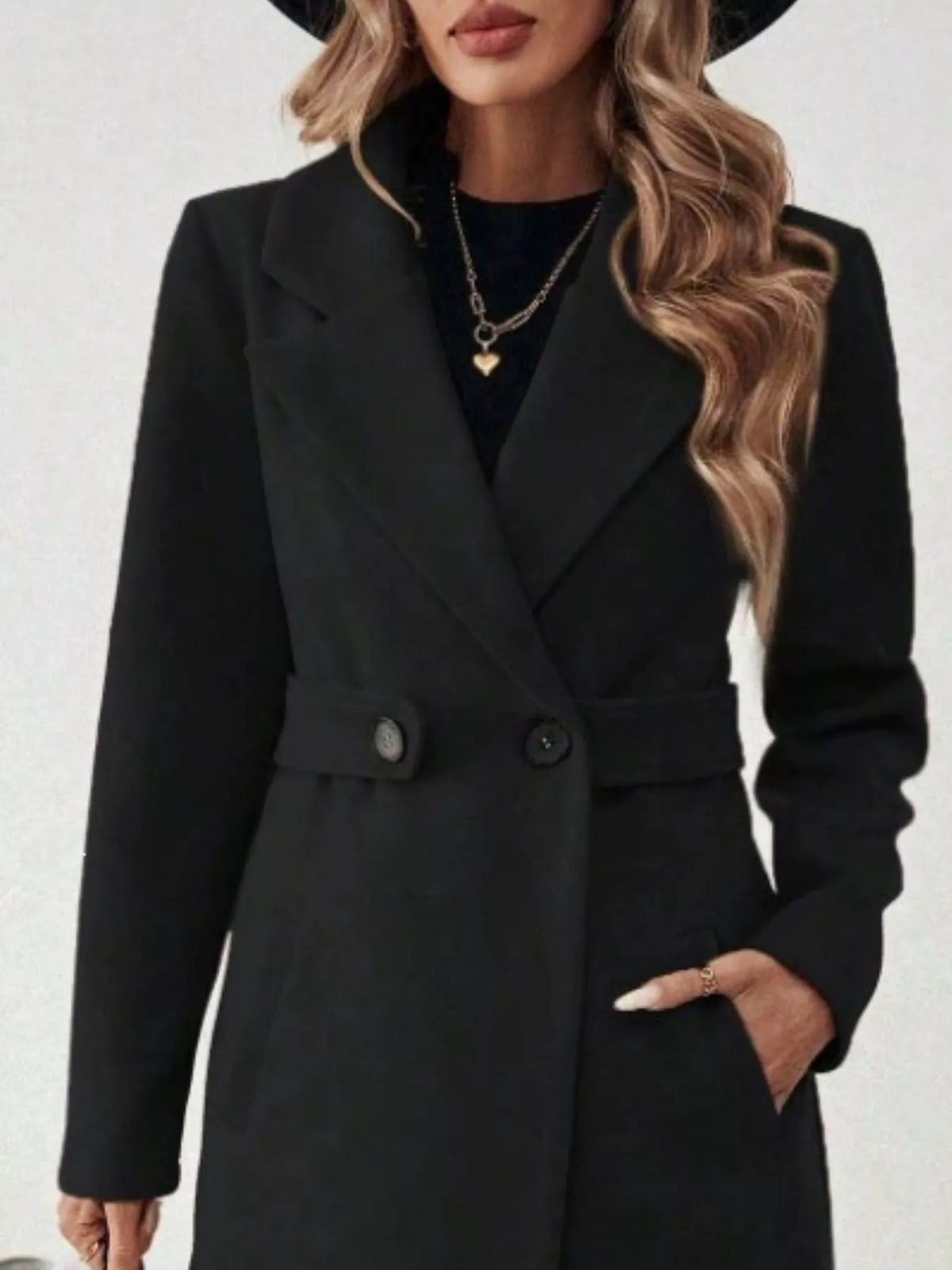 Full Size Elegant Lapel Collar Belted Coat with Pockets Plus Size, view 4