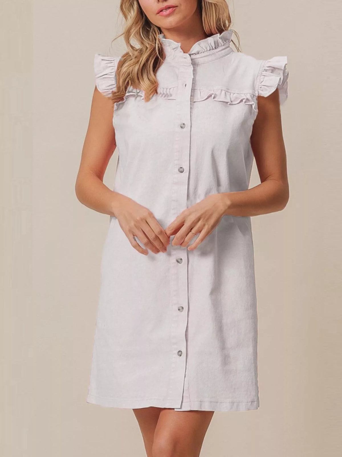 Ruffled Trim Button-Down Denim Dress - Lilixa.store