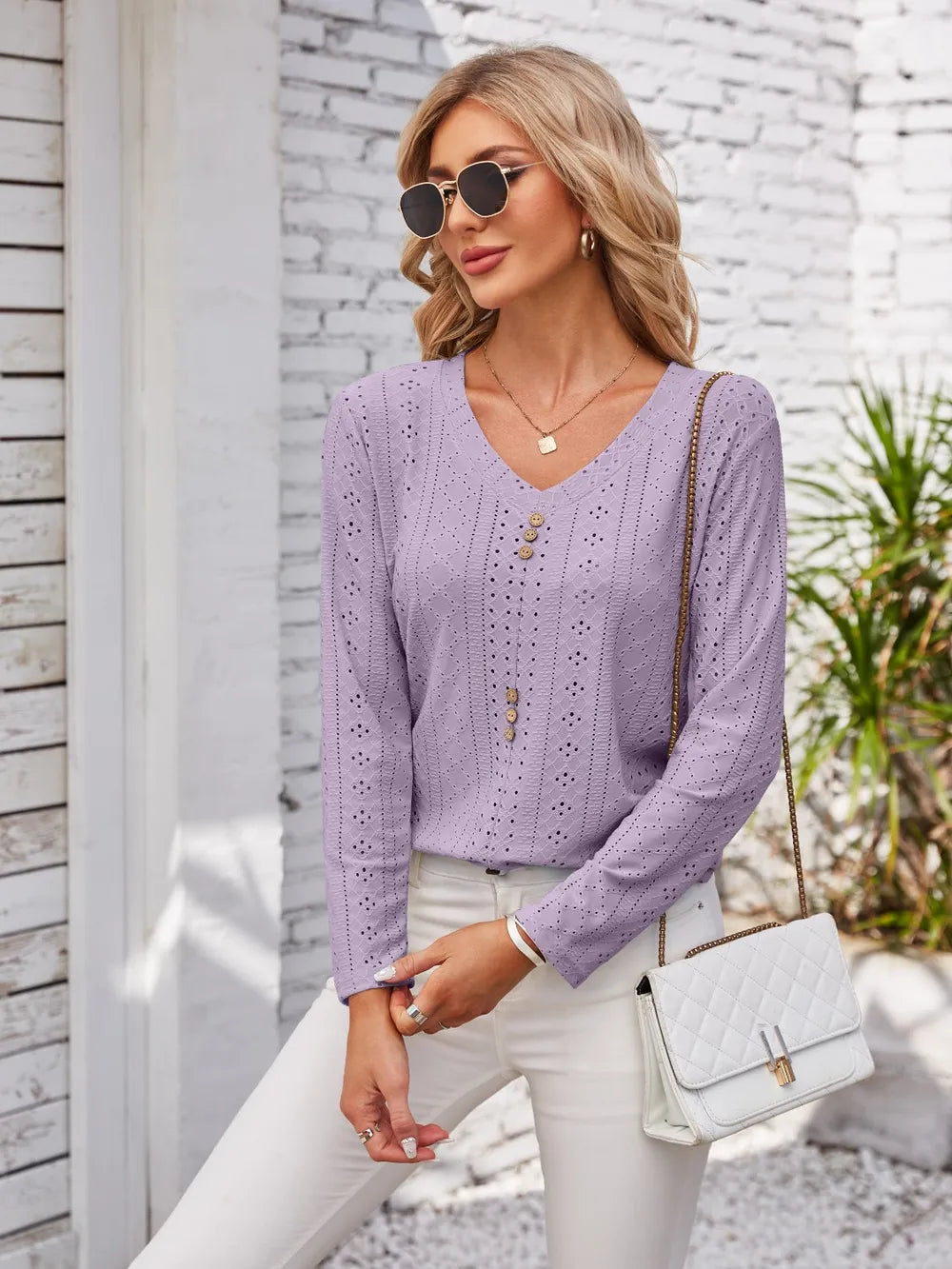 Decorative Button Openwork V-Neck T-Shirt - Lilixa.store