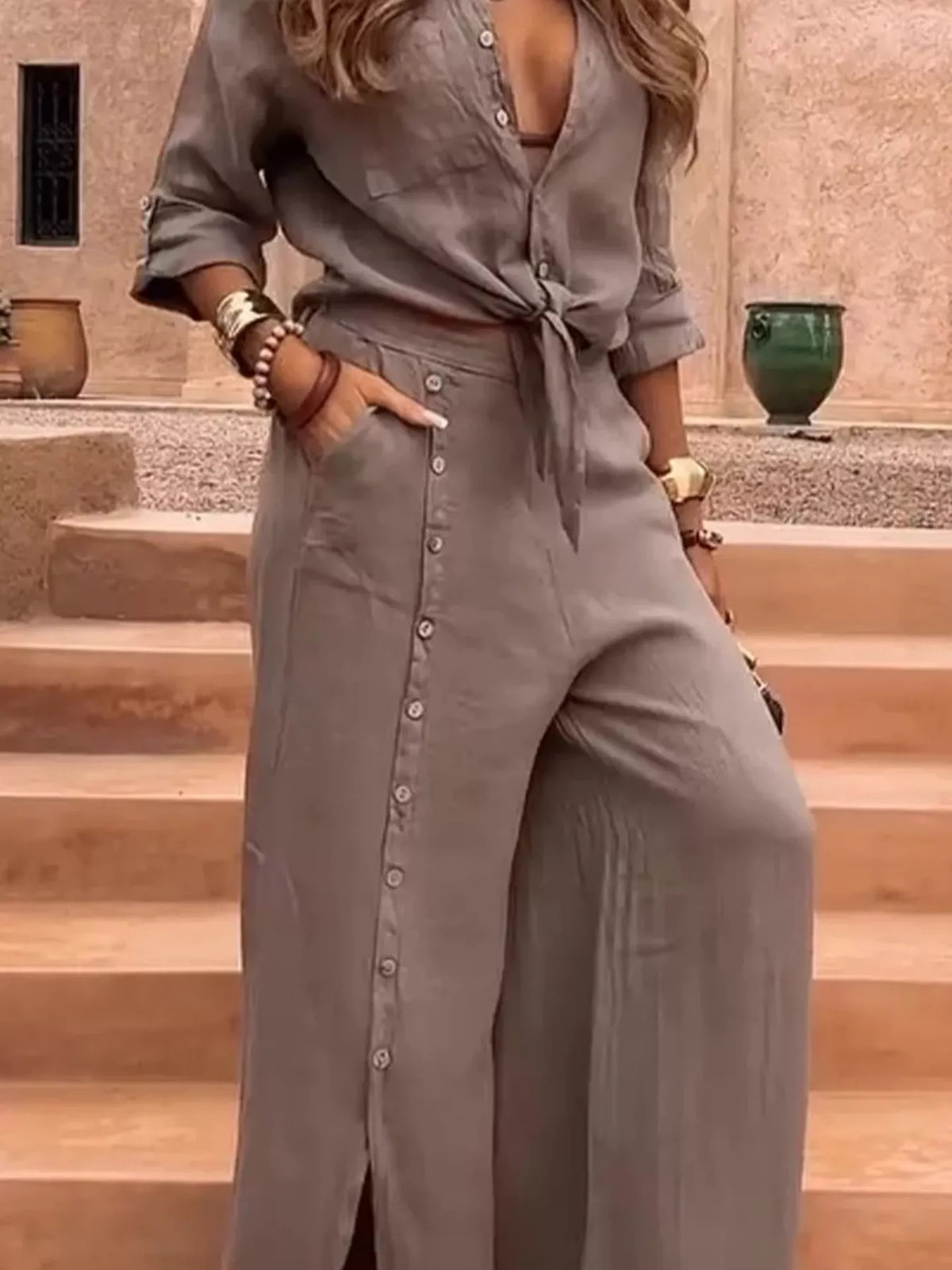 Full Size Tie-Front Shirt and Button-Down Wide-Leg Pants Set Plus Size, view 2