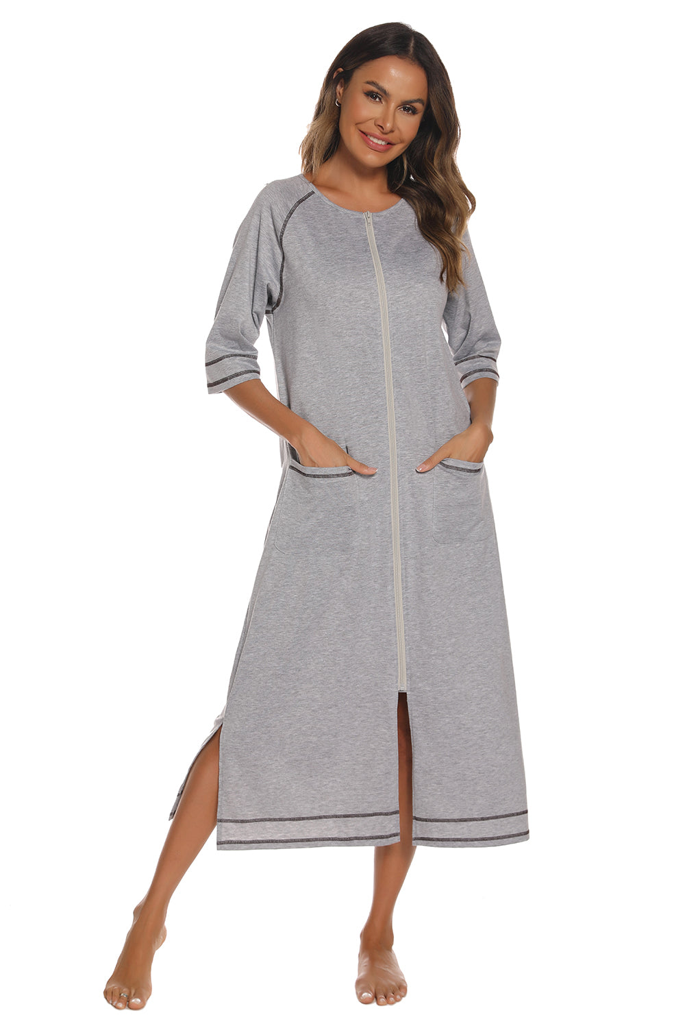 Zip Up Slit Round Neck Night Dress with Pockets - Lilixa.store